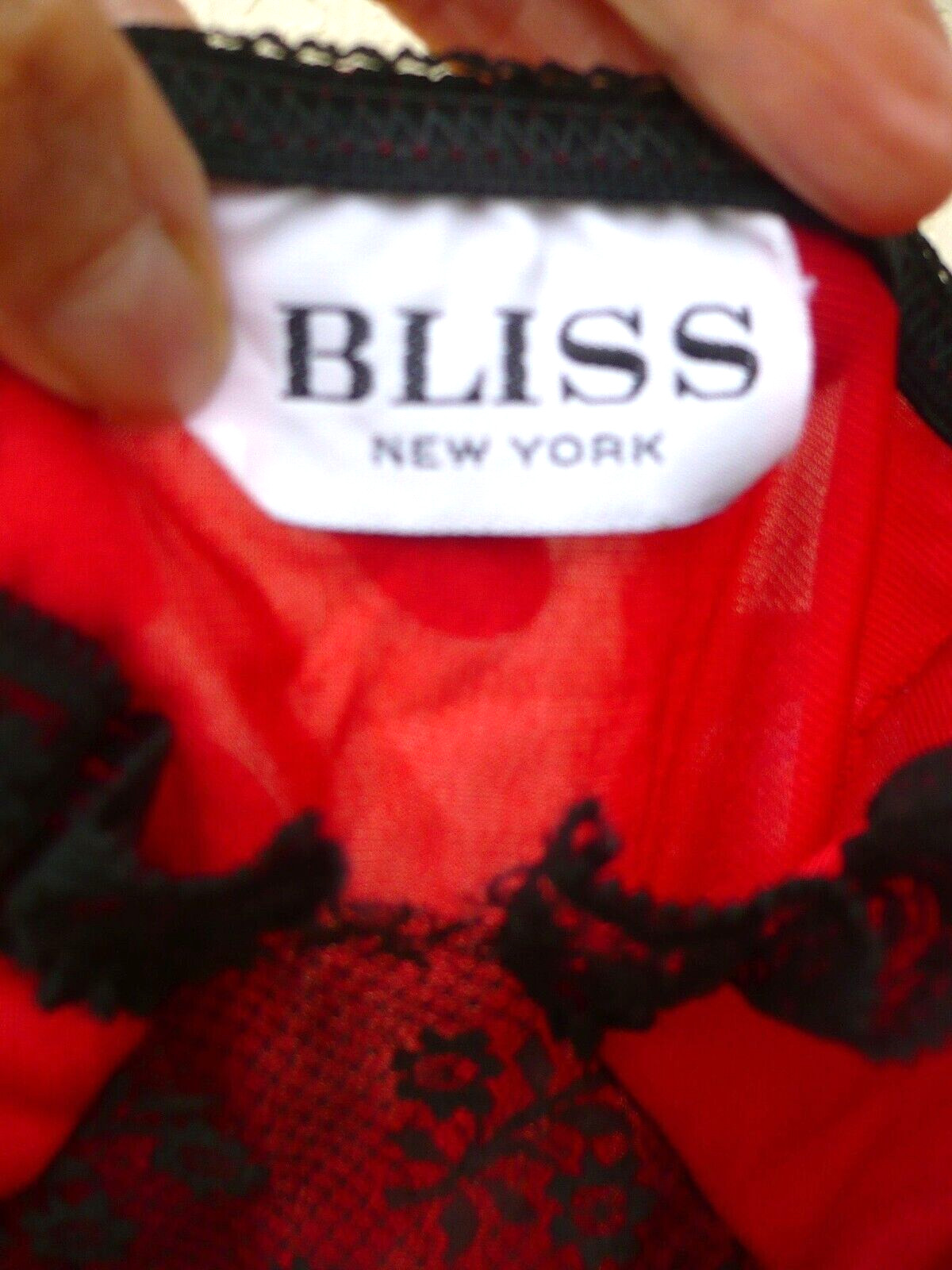 VTG BLISS NEW YORK USA RED NIGHTIE BLACK LACE SHEER FRONT S M NEGLIGEE LINGERIE