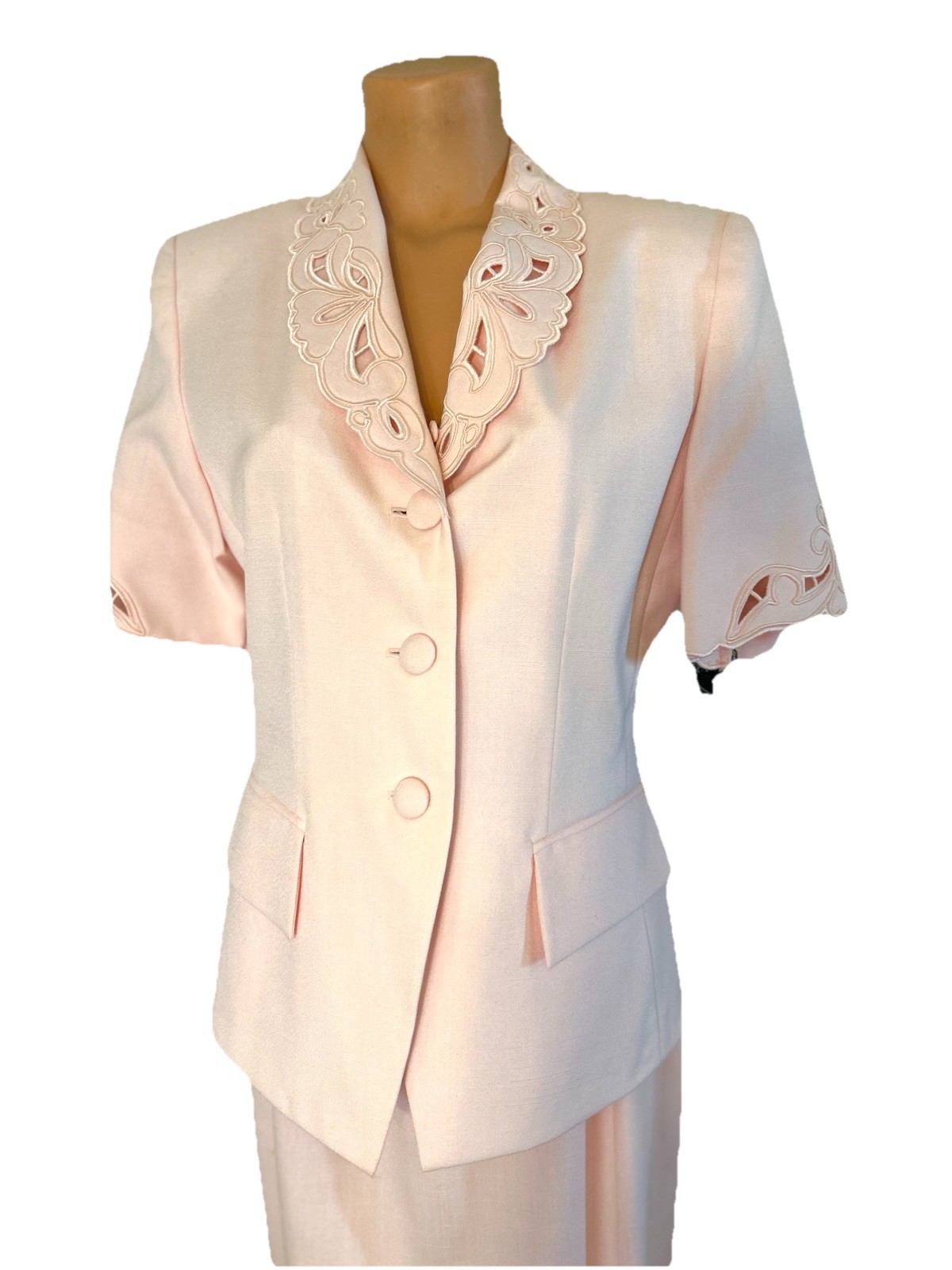 Kasper For ASL Skirt Suit Sz 10 Pink Lined Die Cut Lapel Short Sleeve Vtg Jacket