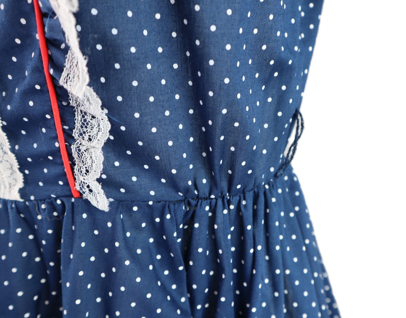 VTG 60s Jeri Bee USA 0 XS Square Dance Prairie Lace Polka Dot Knee Dress Blue