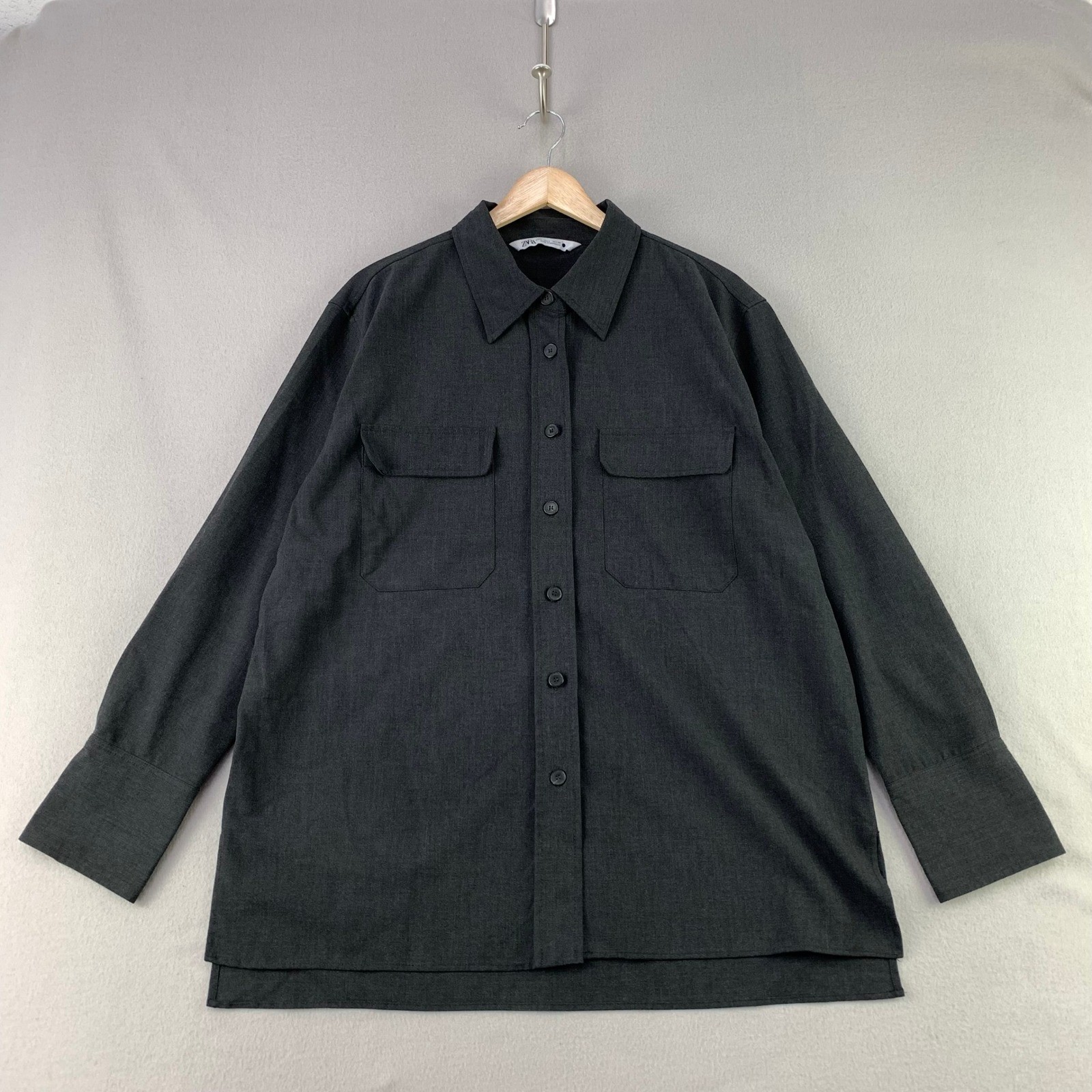 Zara Button Up Shirt Womens Large Black Casual Long Sleeve Minimalist Career