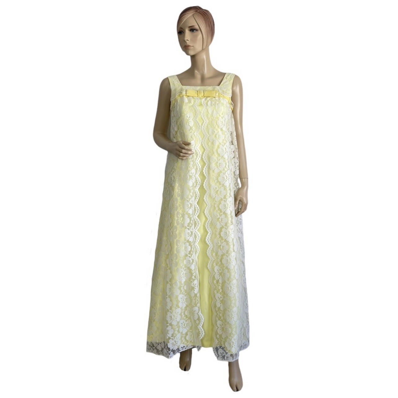 Vintage Victorian Yellow & White Lace Cape Style A-line Maxi Princess Dress