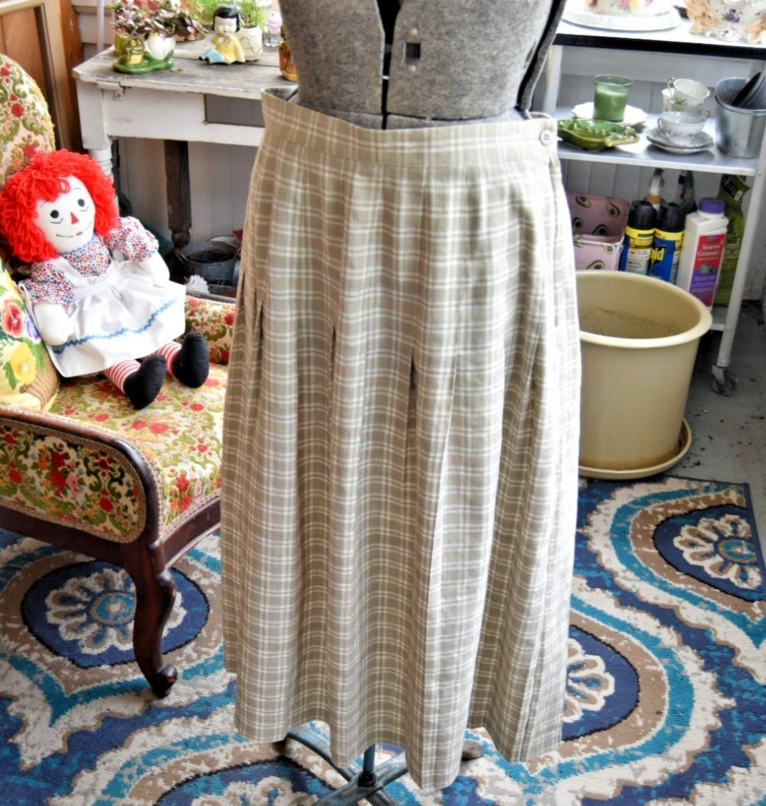 Vintage 80s Plaid Skirt Stanley Blacker Linen Blend Beige and White Size Large