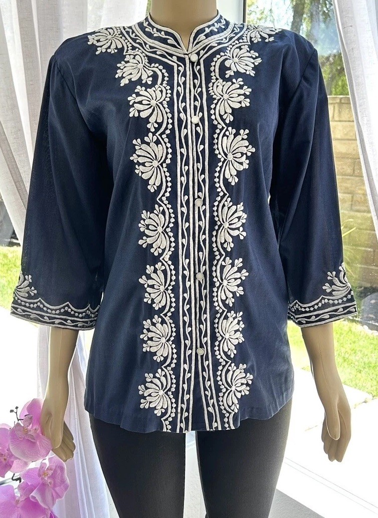 Vintage Hawaiian Shirt Navy Blue Size 14 White Appliqué Caro Of Honolulu