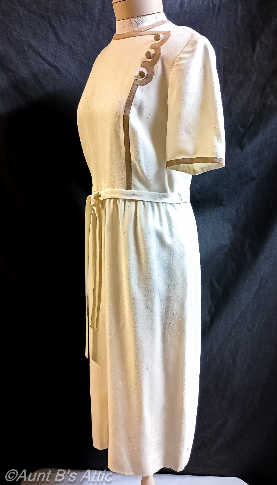 Vtg 70’s Posh By Jay Anderson Ivory Linen W/ Tan Ultra Suede Sheath Dress Medium