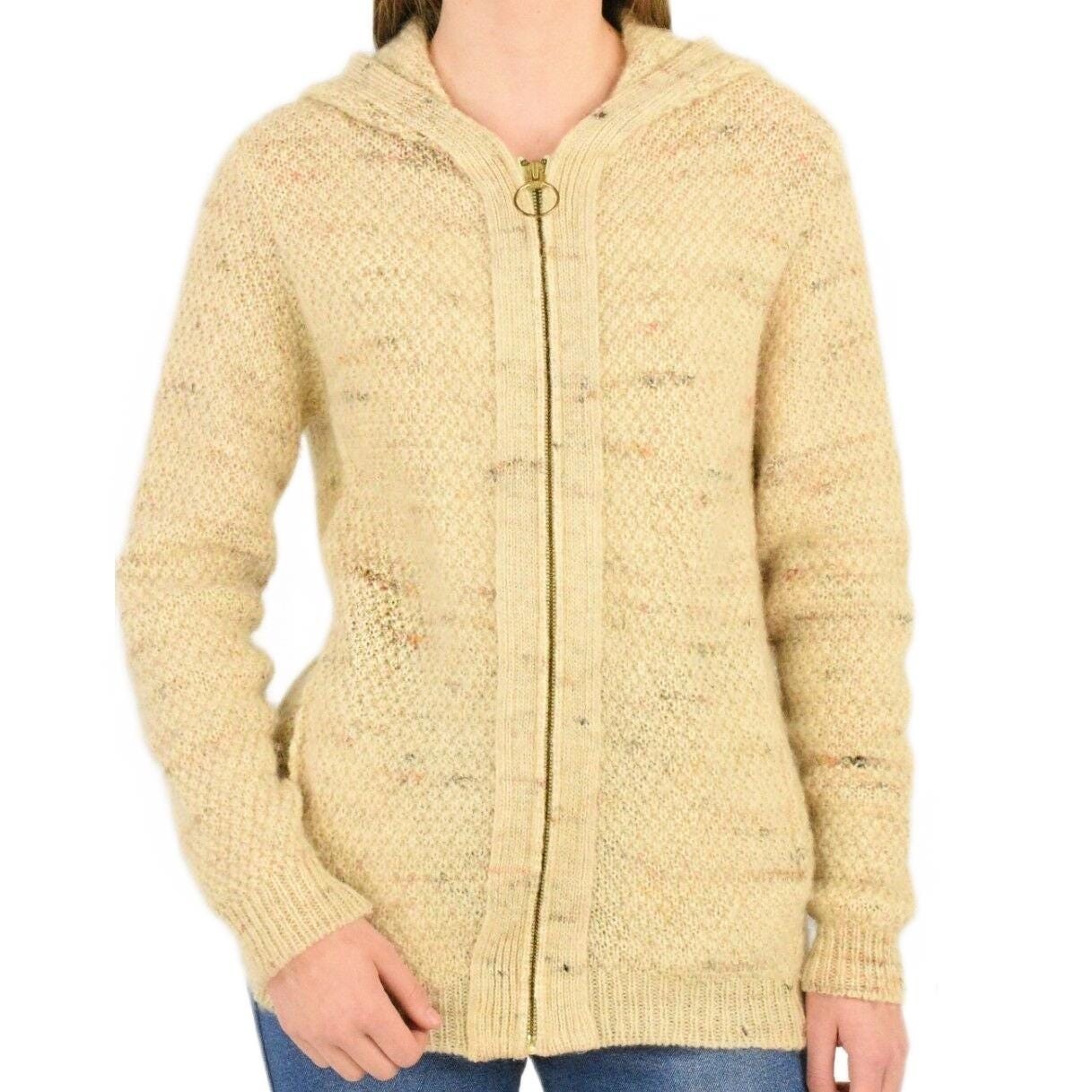 70s Vintage Oatmeal Beige Wool Hoodie Zip Front Sweater M/L Unisex Women Mens