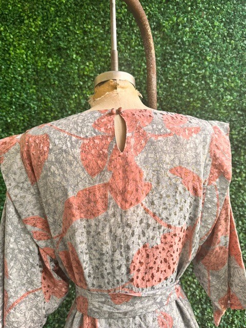 FLORA KUNG 80s Gray Pink Silk Balloon Slv Secretary Cocktail Belted Dress