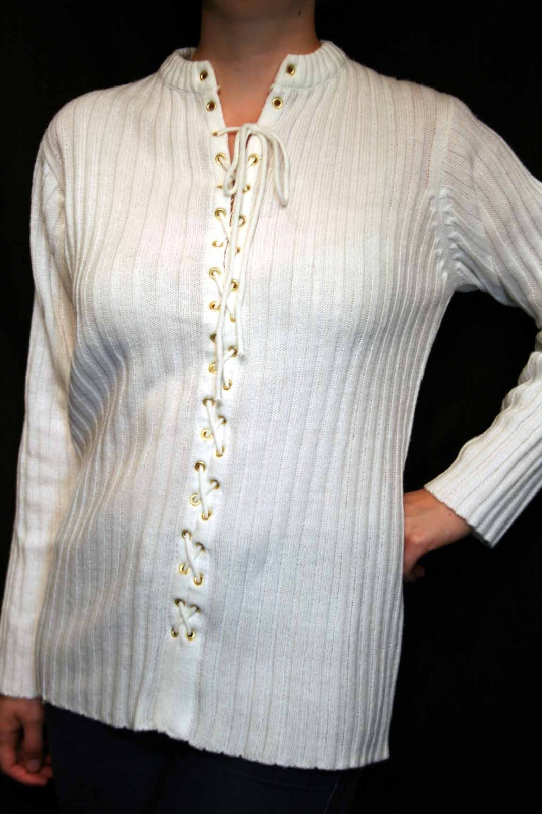 NOS Vtg M/L CORSET Tie Sweater Boho White Knit Tunic Top Hippie Blouse EILEEN