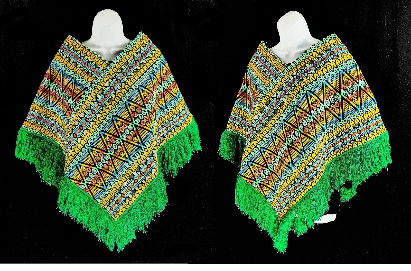 Vintage 1970’s Poncho Cape ~Wool Blend~ rainbow W Fringe Guatemala