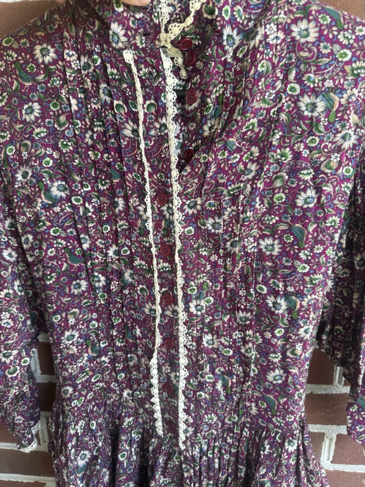 Vintage 80s Moonglow Floral Prairie Dress Small Lace Trim Drop Waist Peplum