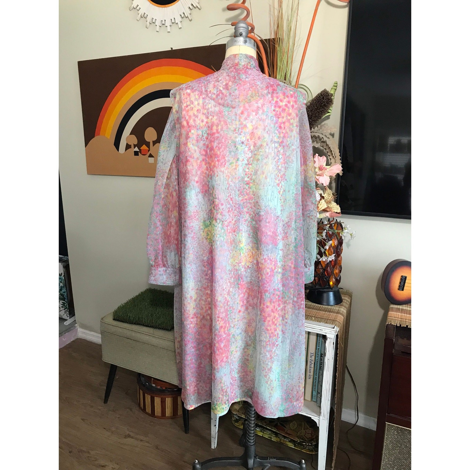 Vintage 1970s Mary Roberts Pastel Floral Dress with Detachable Chiffon Vest