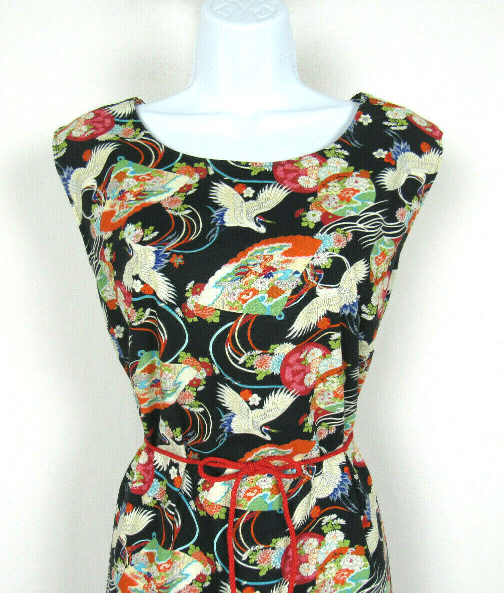 VTG 1960s 70s JAPANESE FLORAL DRESS FANS EGRETS SLEEVELESS ROPE BELT COTTON BLND
