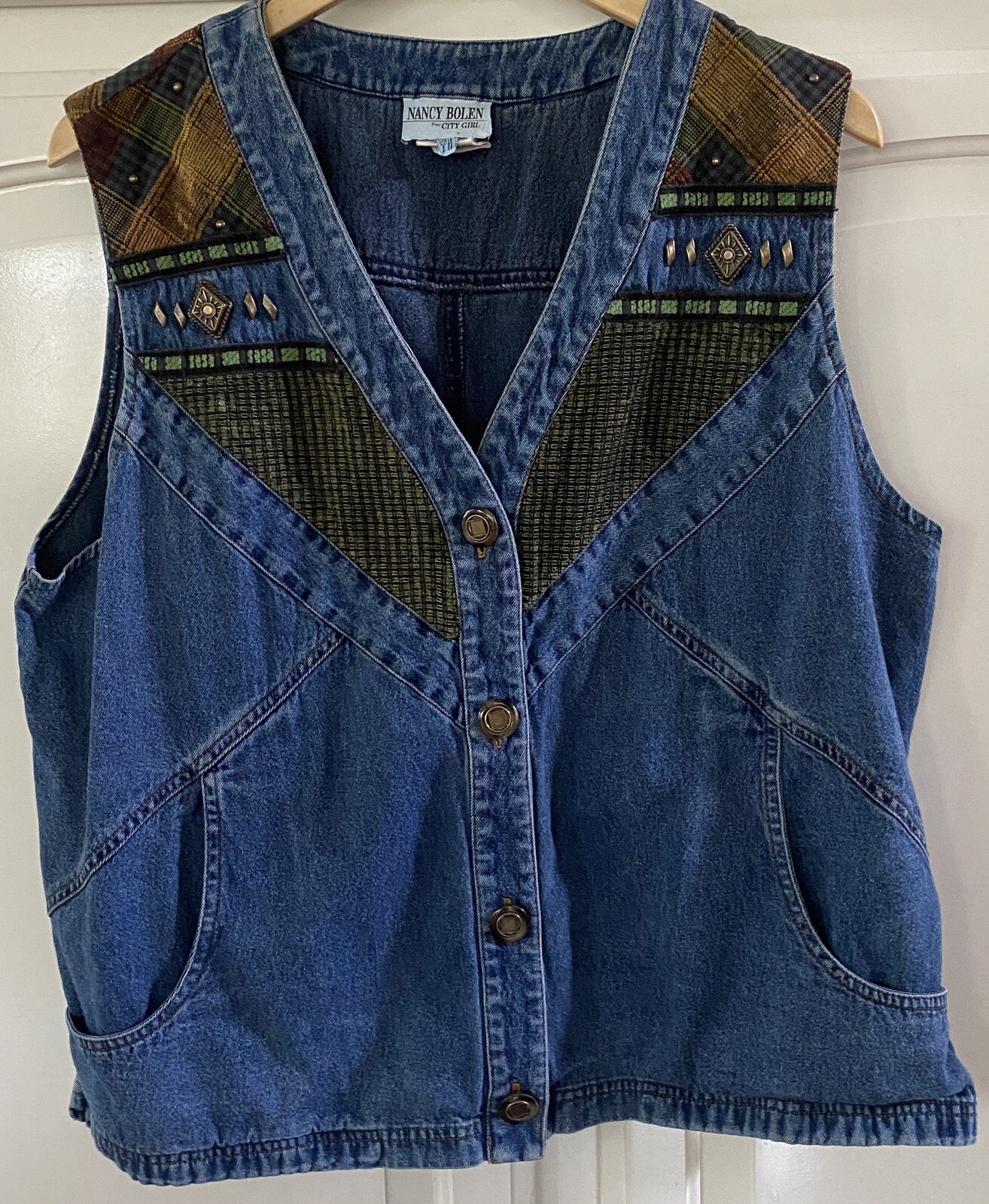 NANCY BOLEN for CITY GIRL Patchwork Western Vest w/ Rhinestones Women’s Size 18