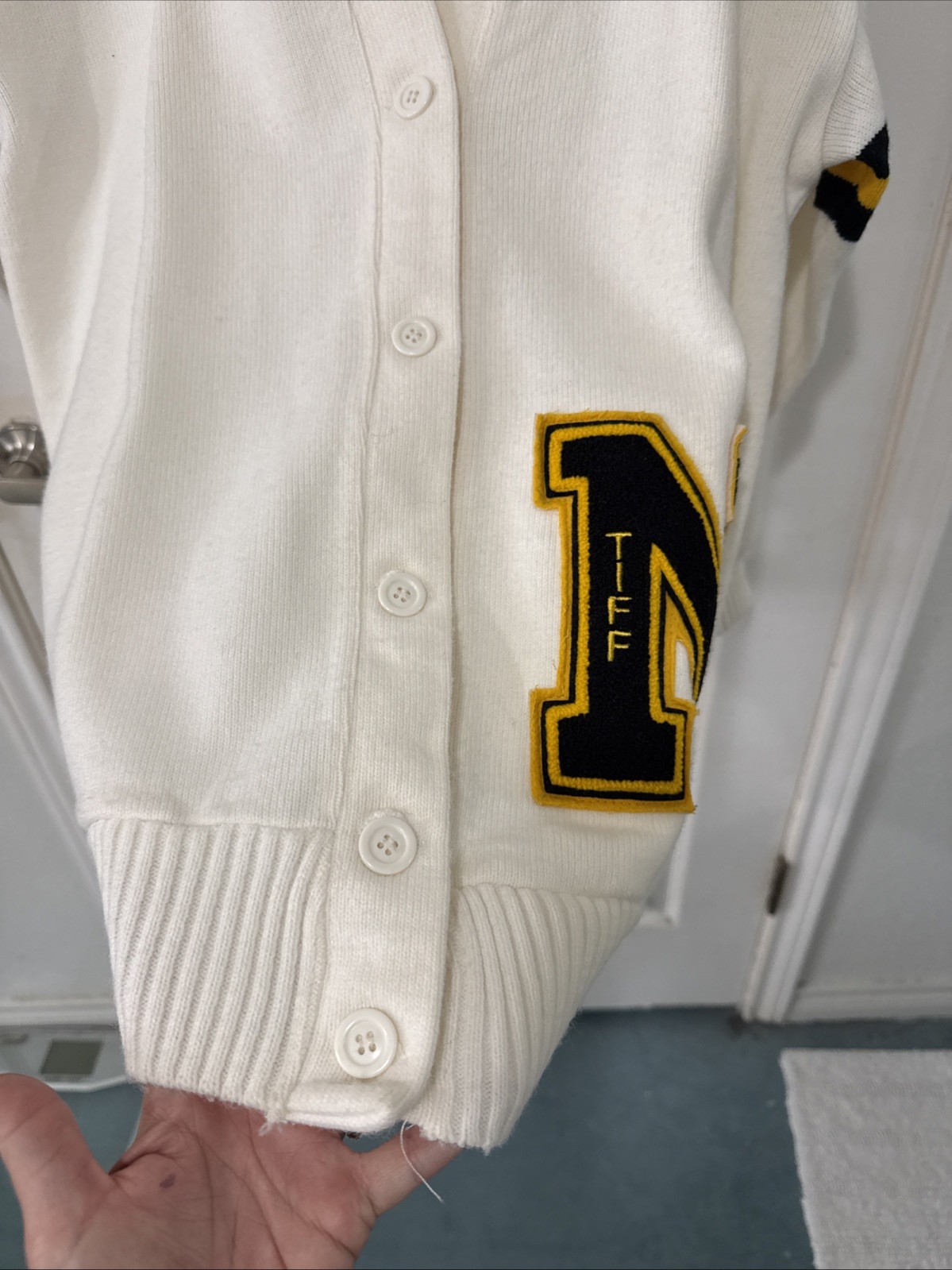 Vintage Varsity Letterman Sweater Black Yellow White Off Stripes Sleeve Large US