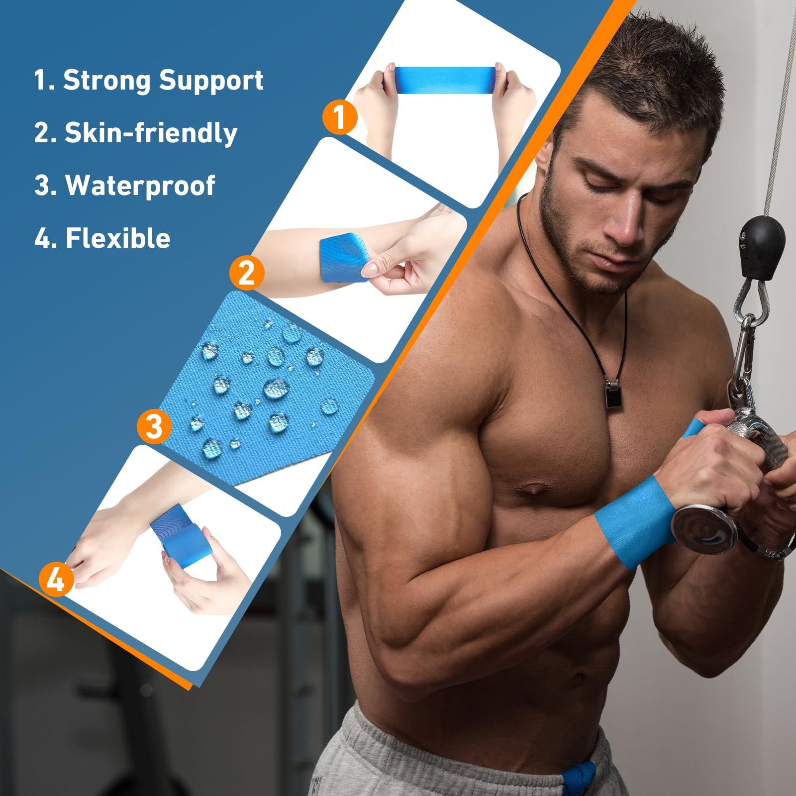 KTQUICK 24PCS Waterproof Hypoallergenic Kinesiology Tape Thumb Wrist Support Blu