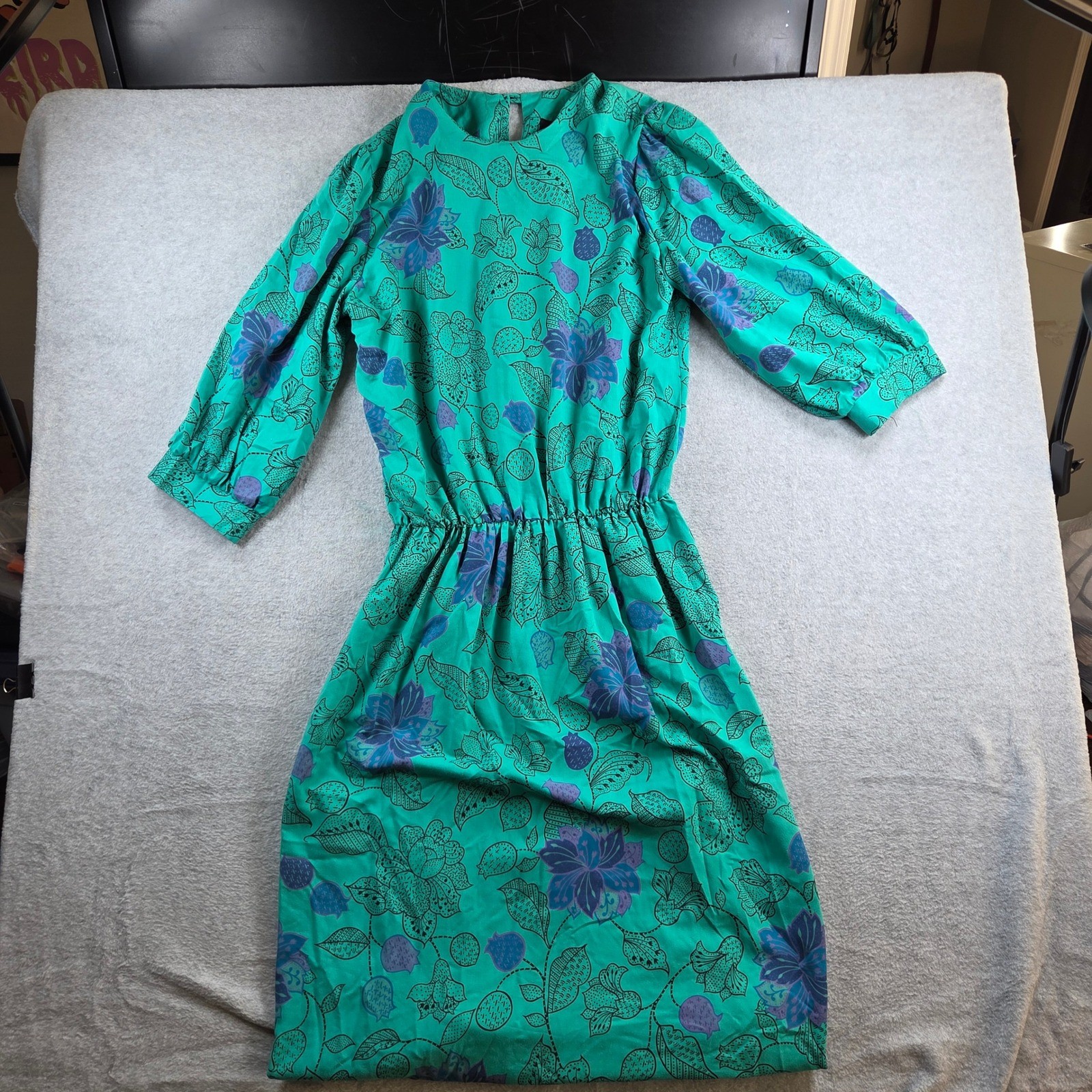 RGY Vintage Floral Midi Dress Womens Medium Teal Green Elastic Waist 80s Retro