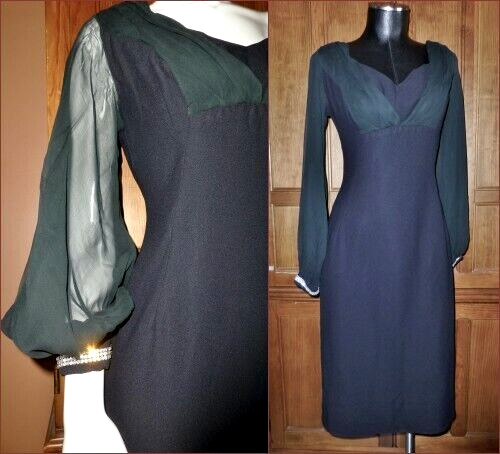 Vtg 60s Sheer Silk Chiffon Poet Slv Rhinestone Cocktail Black sheath DRESS S/M