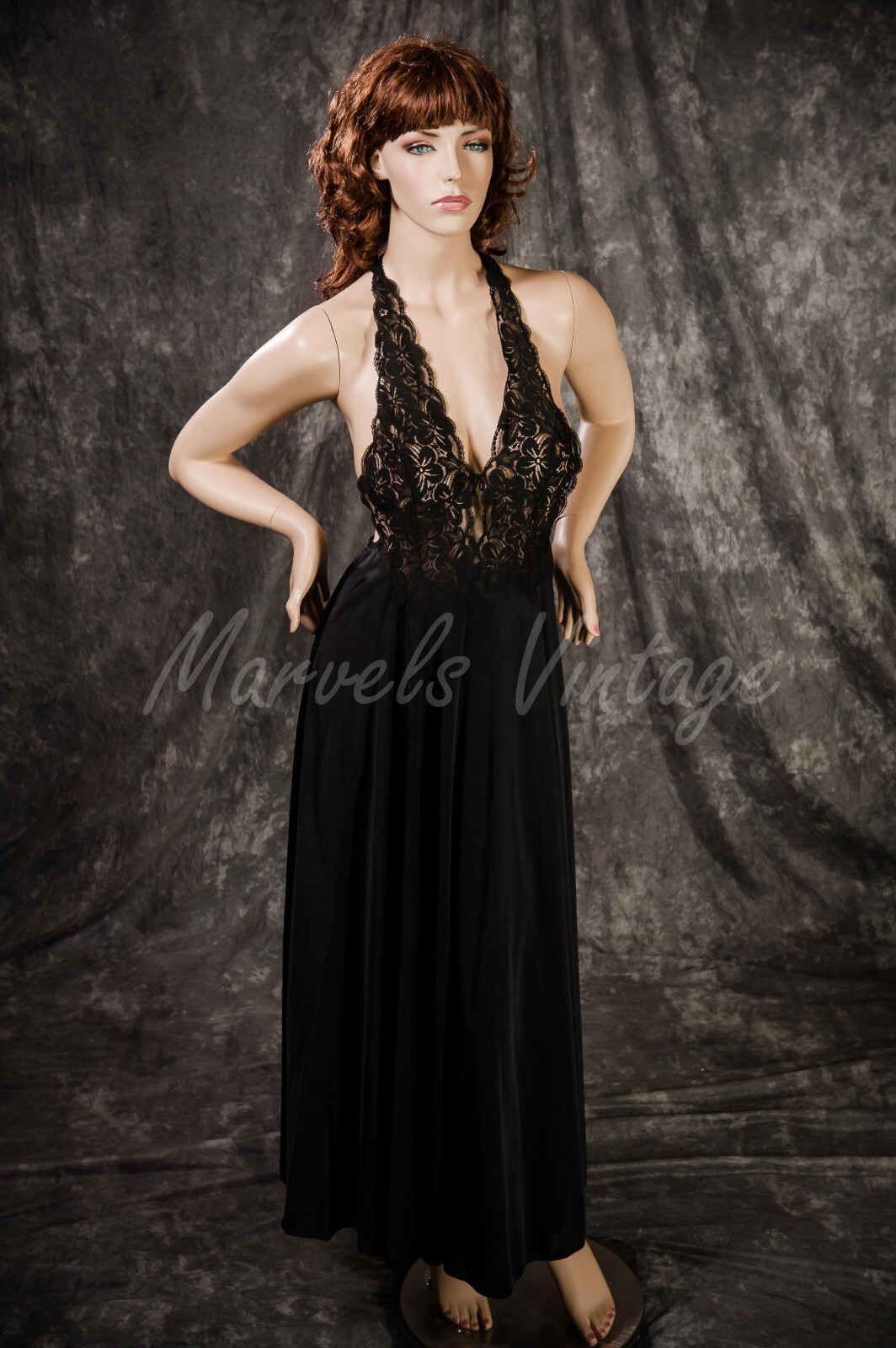Vintage Glydon’s Hollywood Nightgown Long Black Nylon Lace Chest Halter Top Med