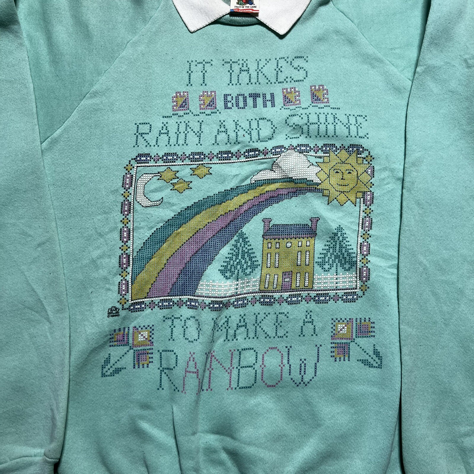 Vintage 80s Granny Core Rain And Shine Make Rainbow Needlepoint Sweatshirt – XL