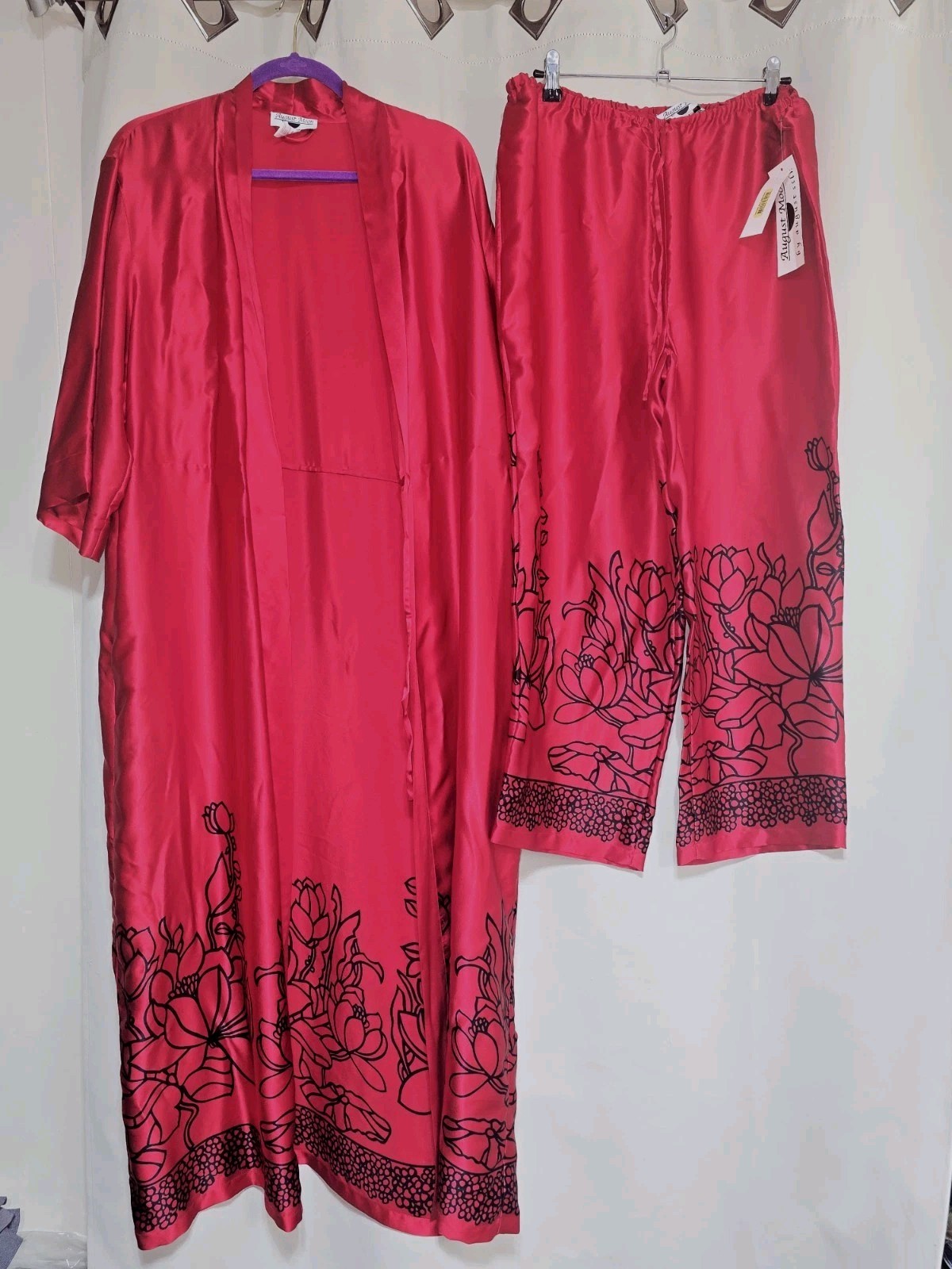 NWT 100% Pure Silk August Moon 2 Pieces Robe Red & Black Kimono Style Sz. L VNTG