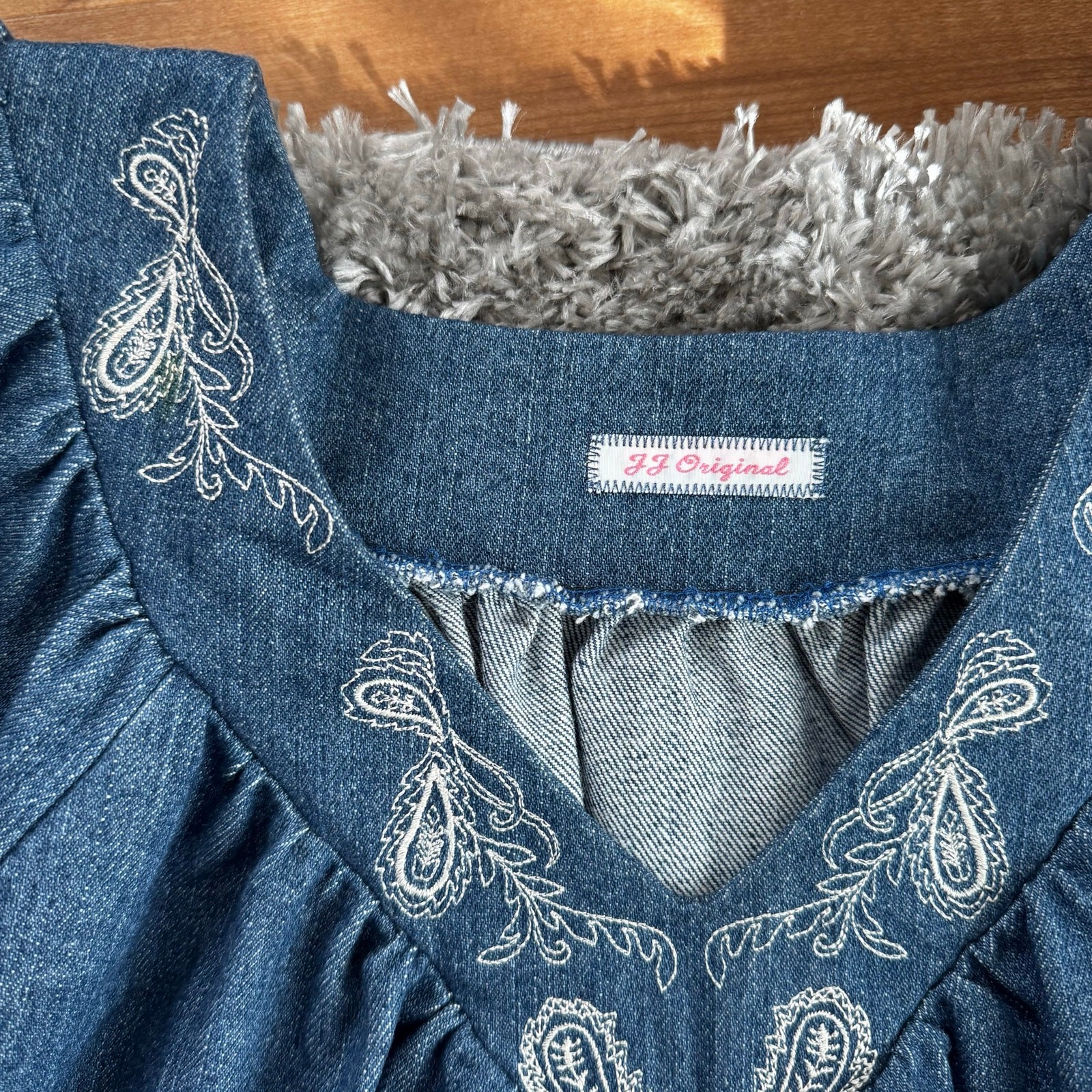 VTG Handmade Cotton Denim Caftan Smock Mumu House Dress Size Small