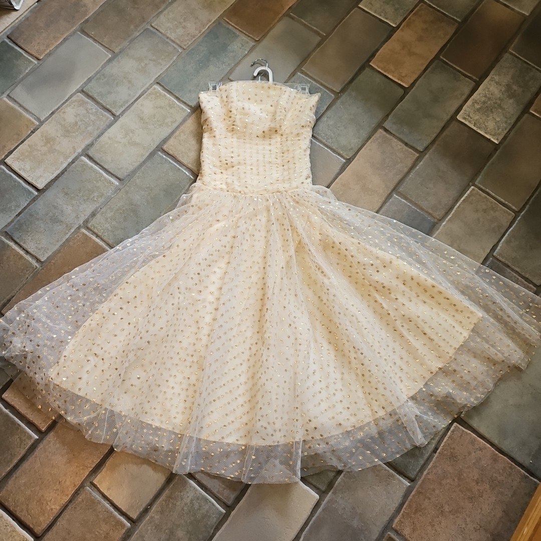 Vtg 50s Strapless Party Dress Beige w DOUBLE Full Skirt Gold Polka Dots Tulle S