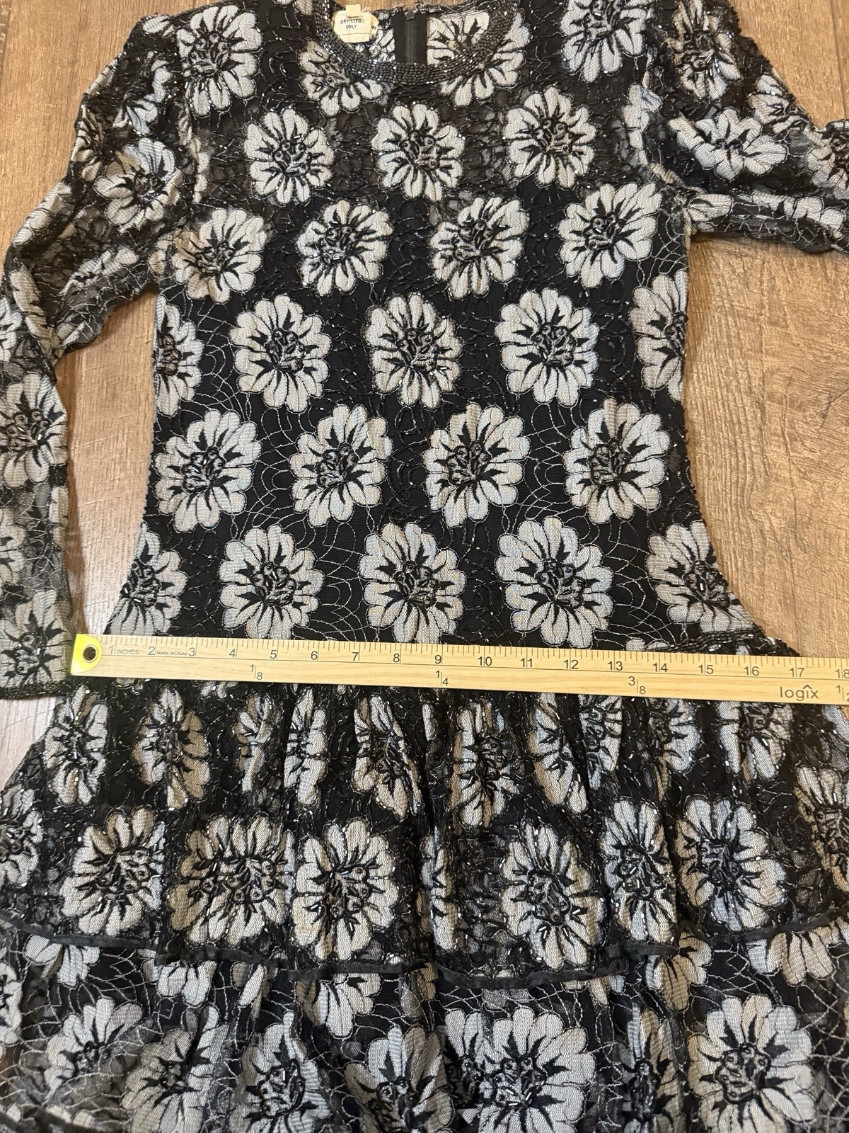 Vintage Judith Ann Creations Beaded Long Sleeve Ruffled Dress Floral Sz S