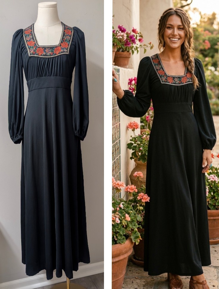 Vintage 70’s Empire California Holiday Jersey Maxi Boho Dress Tapestry Trim XS/S