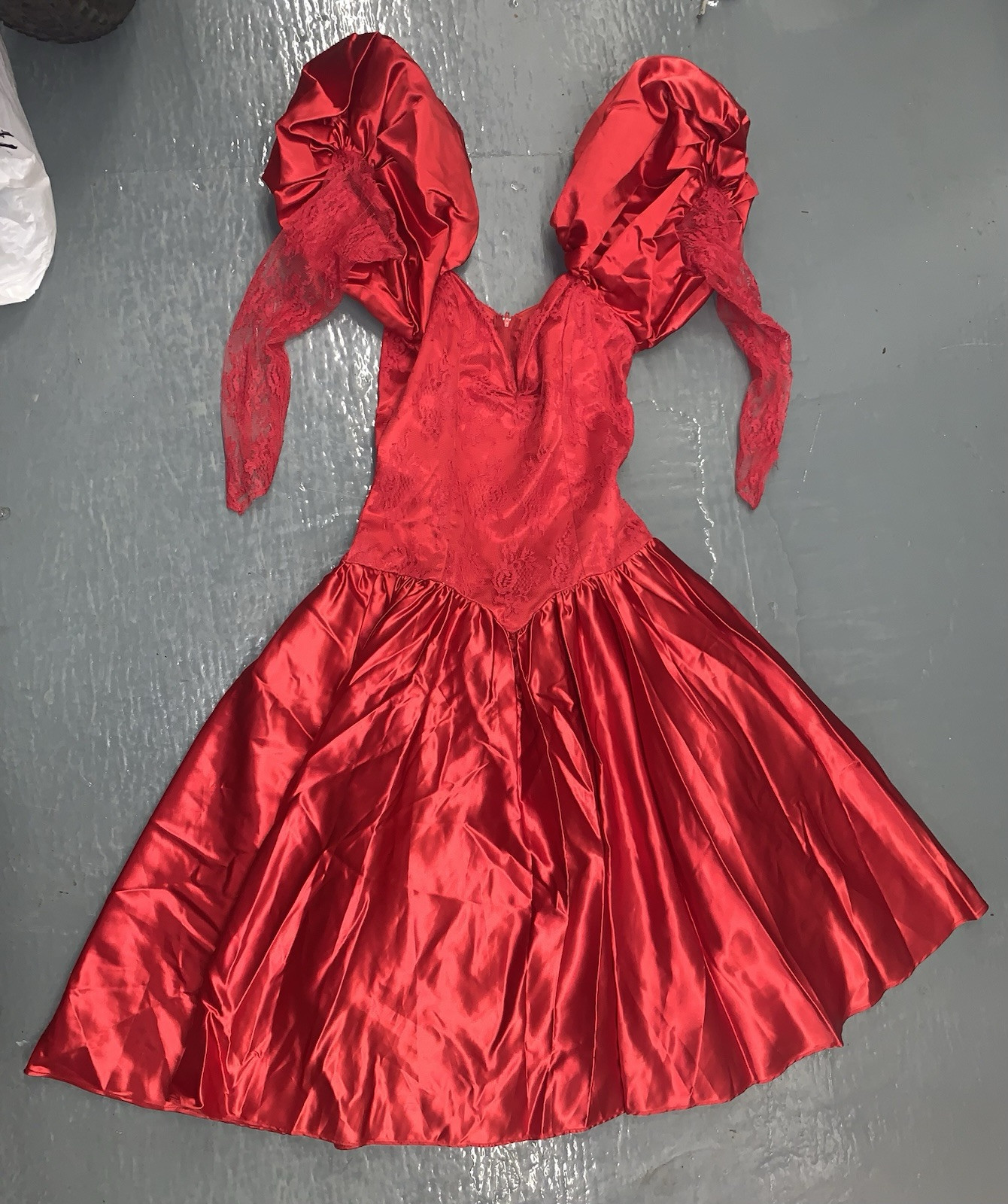 STUNNING Vintage 1980’s Red Satin & Lace Handmade Dress Long Lace Sleeves