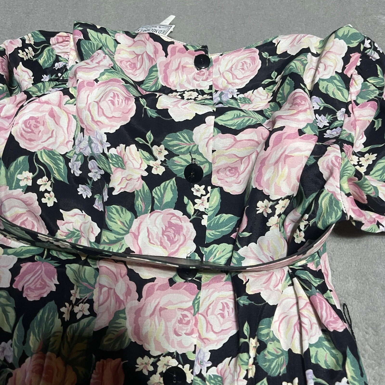 Vintage ED Michaels Dress Womens 5 6 Floral Rose Belted Modest Maxi Short Sleeve