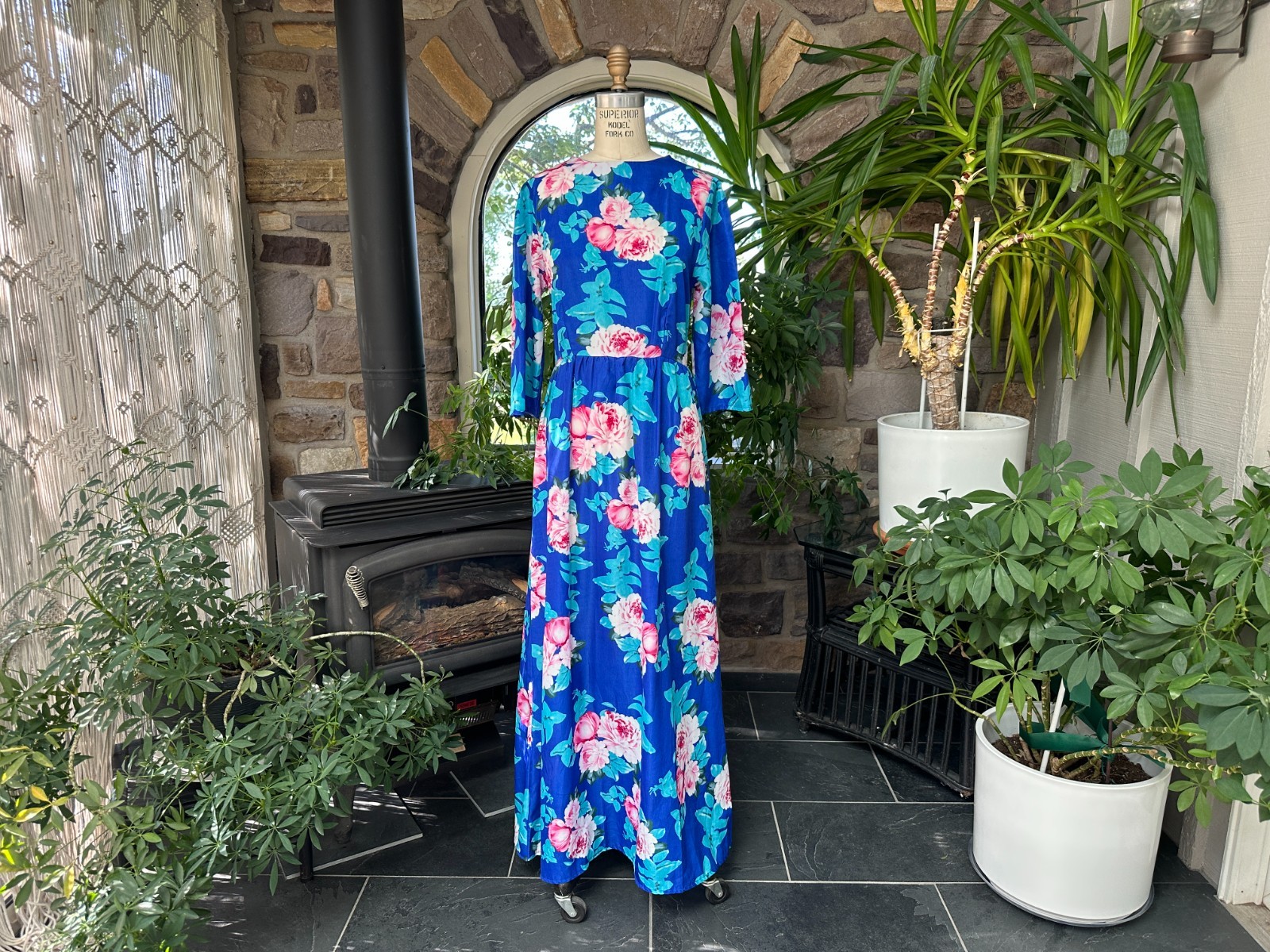 Vintage 1980s Blue and Pink Floral Summer Maxi Dress