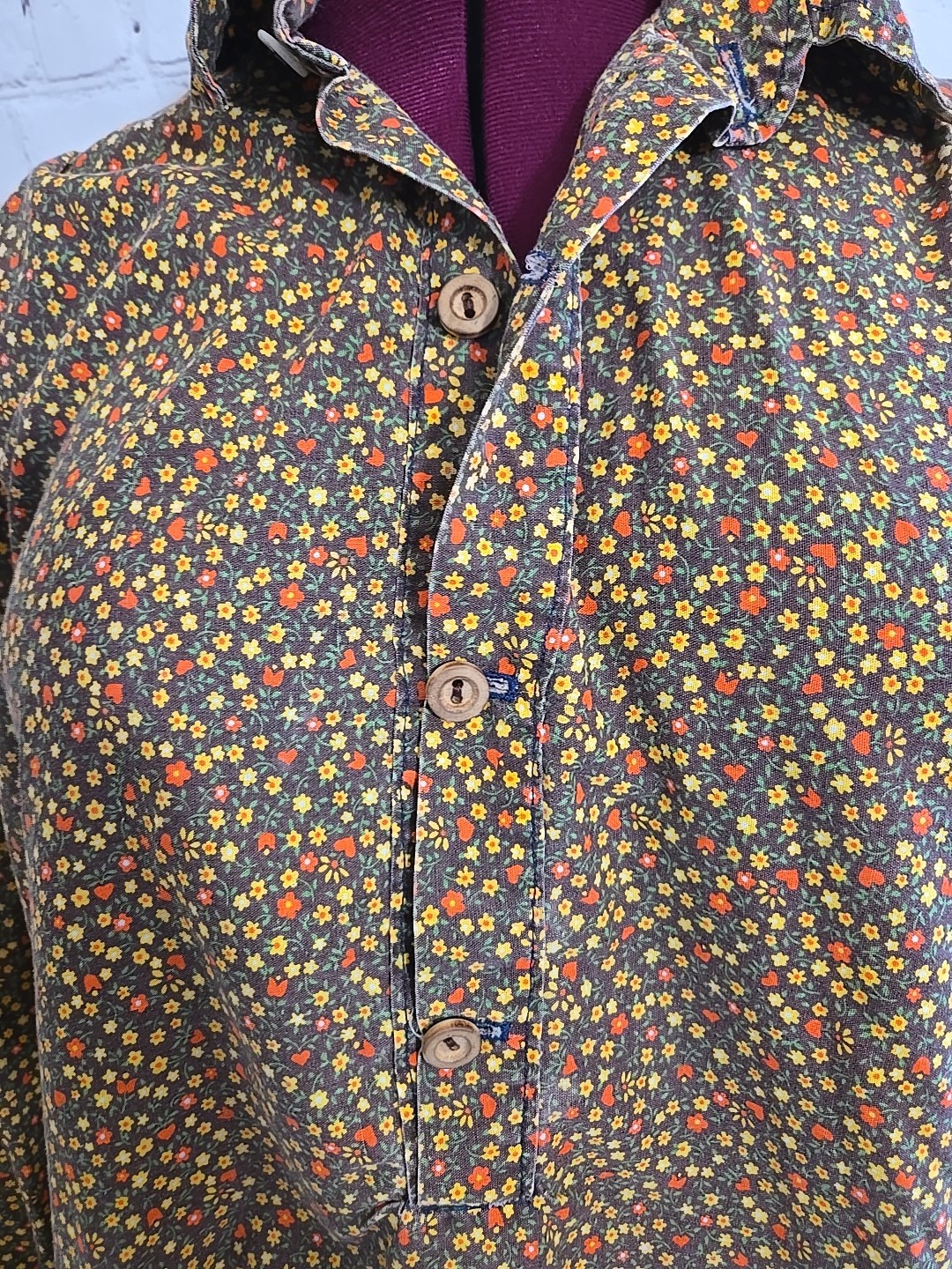 Vtg 70s Handmade poet blouse Bishop Sleeve Hippie Folk Art Floral Unisex OneSize