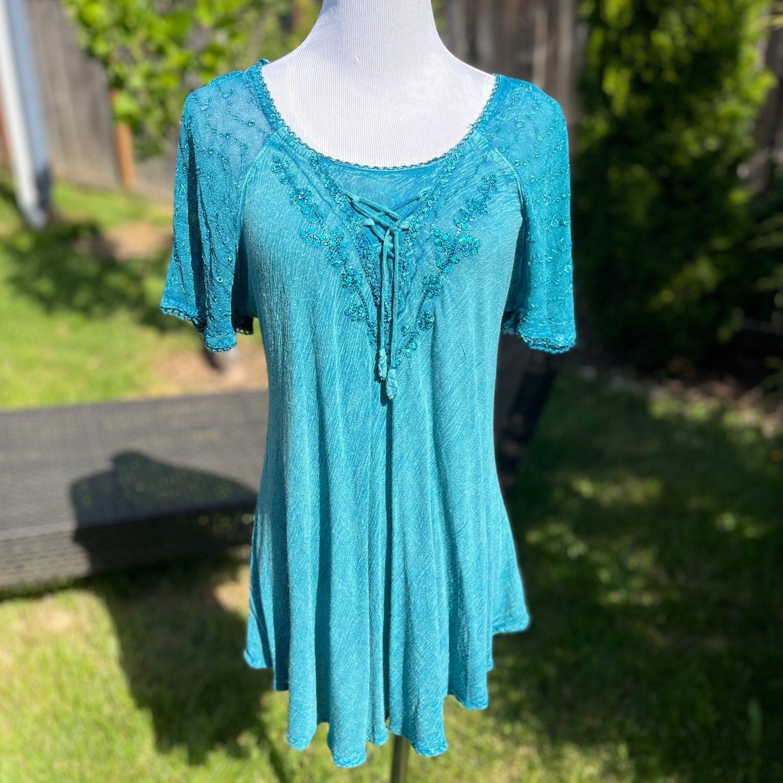 Advance Apparels Vintage Teal Cotton Gauze Boho Tunic Embroidered Sequin Top OS
