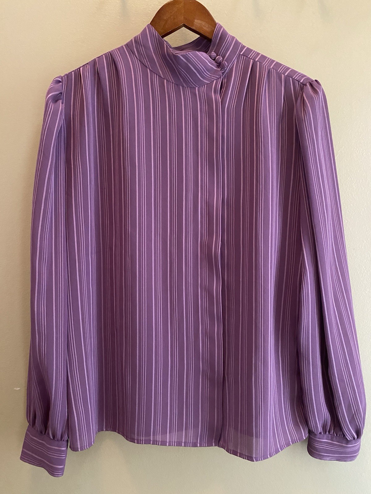Vintage Purple Striped High Neck Long Sleeve Blouse Size 12 Large