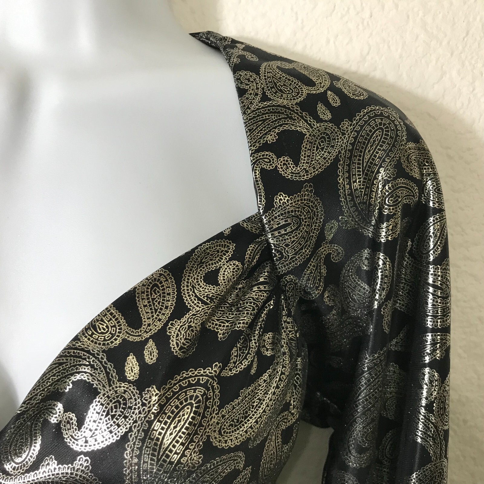 Vintage 80s Homemade Silver Lame Dress XS Paisley Lame Long Sleeve Semi Sheer
