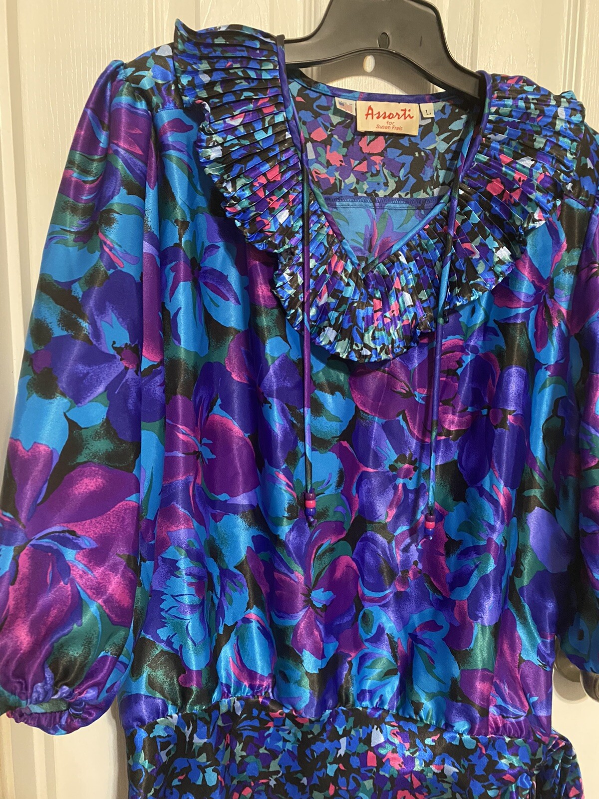 Assorti Susan Freis Vintage 80s 3/4 Bell Sleeve Ruffle Floral Sz Large ~EUC~