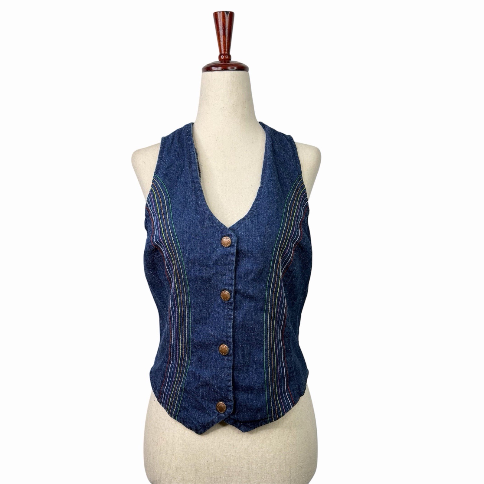 VTG Plush Bottom 70’s Denim Jean Vest Hippie Indie Boho Rainbow Embroidered S/M