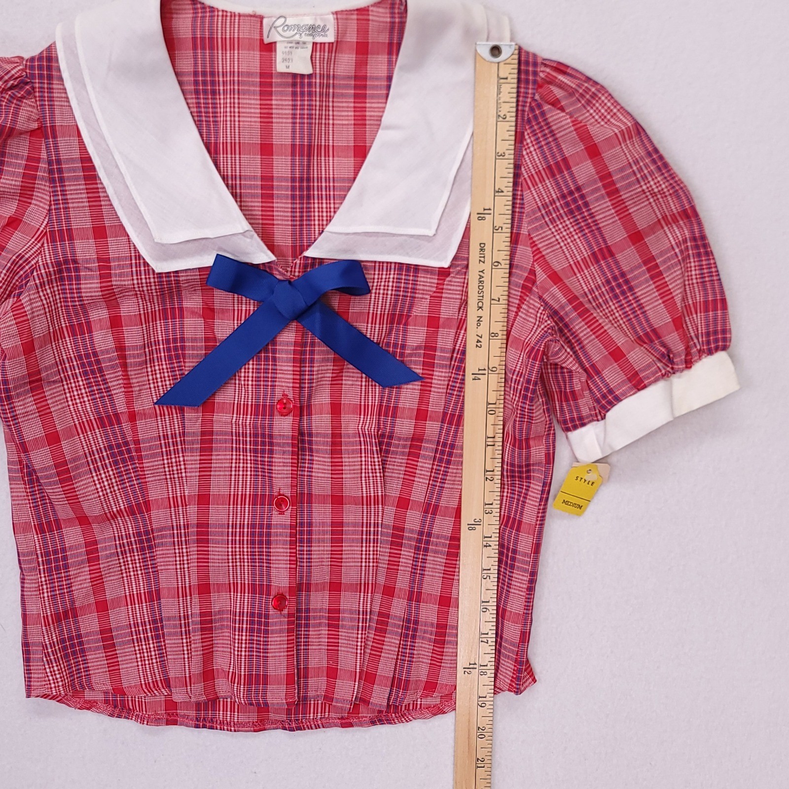 Romance of California Vintage Red Plaid Sailor Collar Blouse Blue Bow Medium