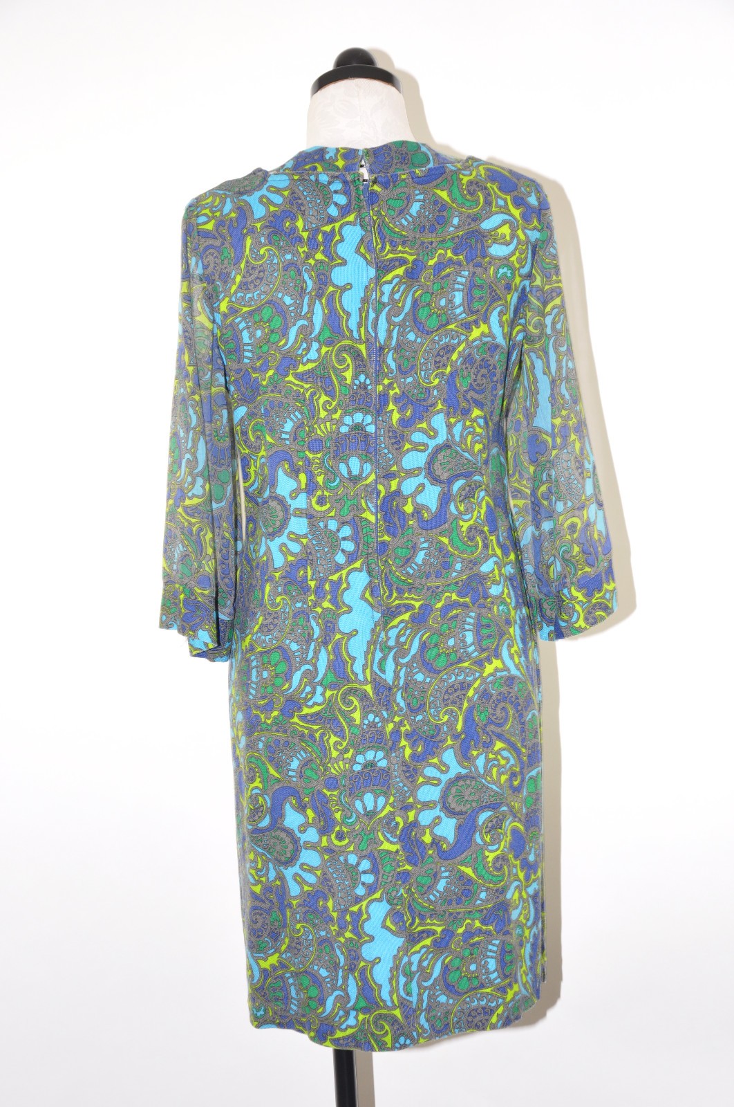 60s Vintage Blue Green Paisley Sheer Bell Sleeve Sheath Wiggle Day Dress Women S
