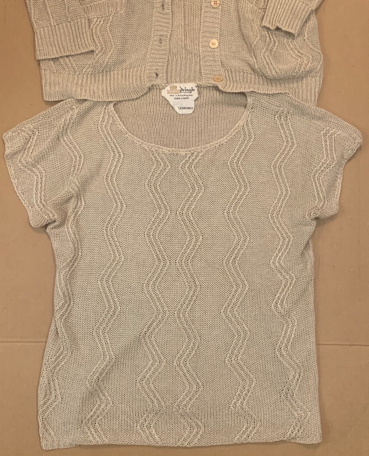 SET OF 2 Pringle of Scotland 100% Linen Tan Preppy Vintage Sweater Cardigan S/M
