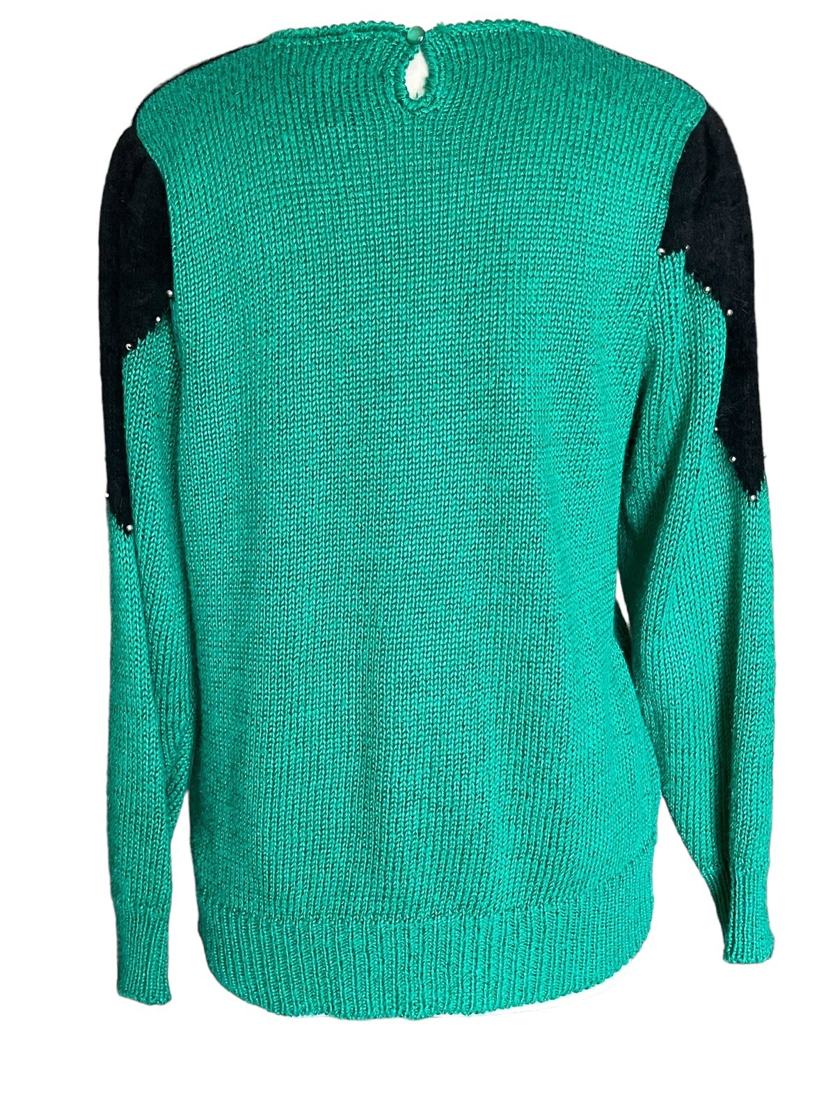 80s VTG ANGENIE Sz L Beaded Green Black Ramie Rayon Cotton Angora LS Sweater