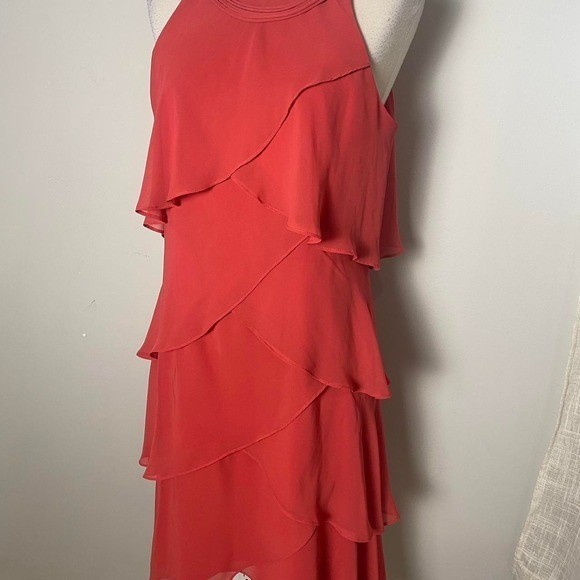 Vintage 90s Flamingo Pink Ruffle Tulip Layer Dress Rhinestone Strap Wedding Prom