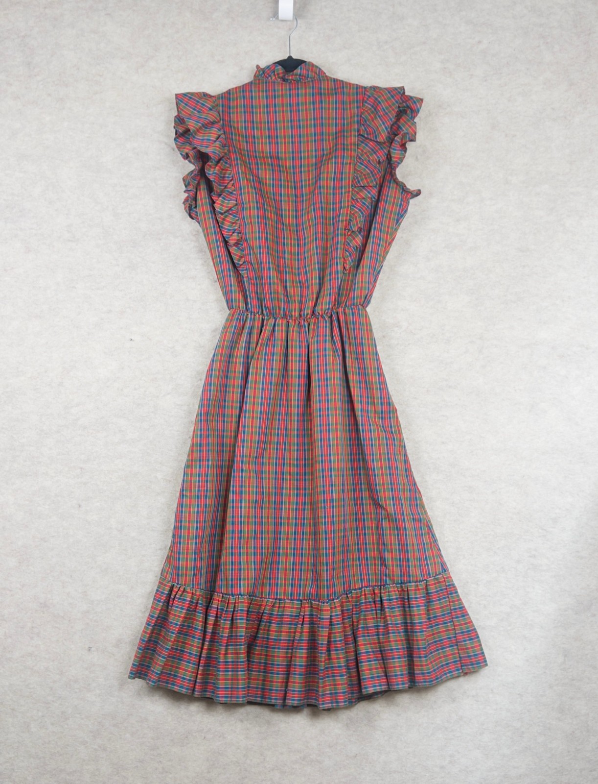 Vintage 60s 70s Red Plaid Ruffle Prairie Midi Dress Best Fit S/M Western Holiday