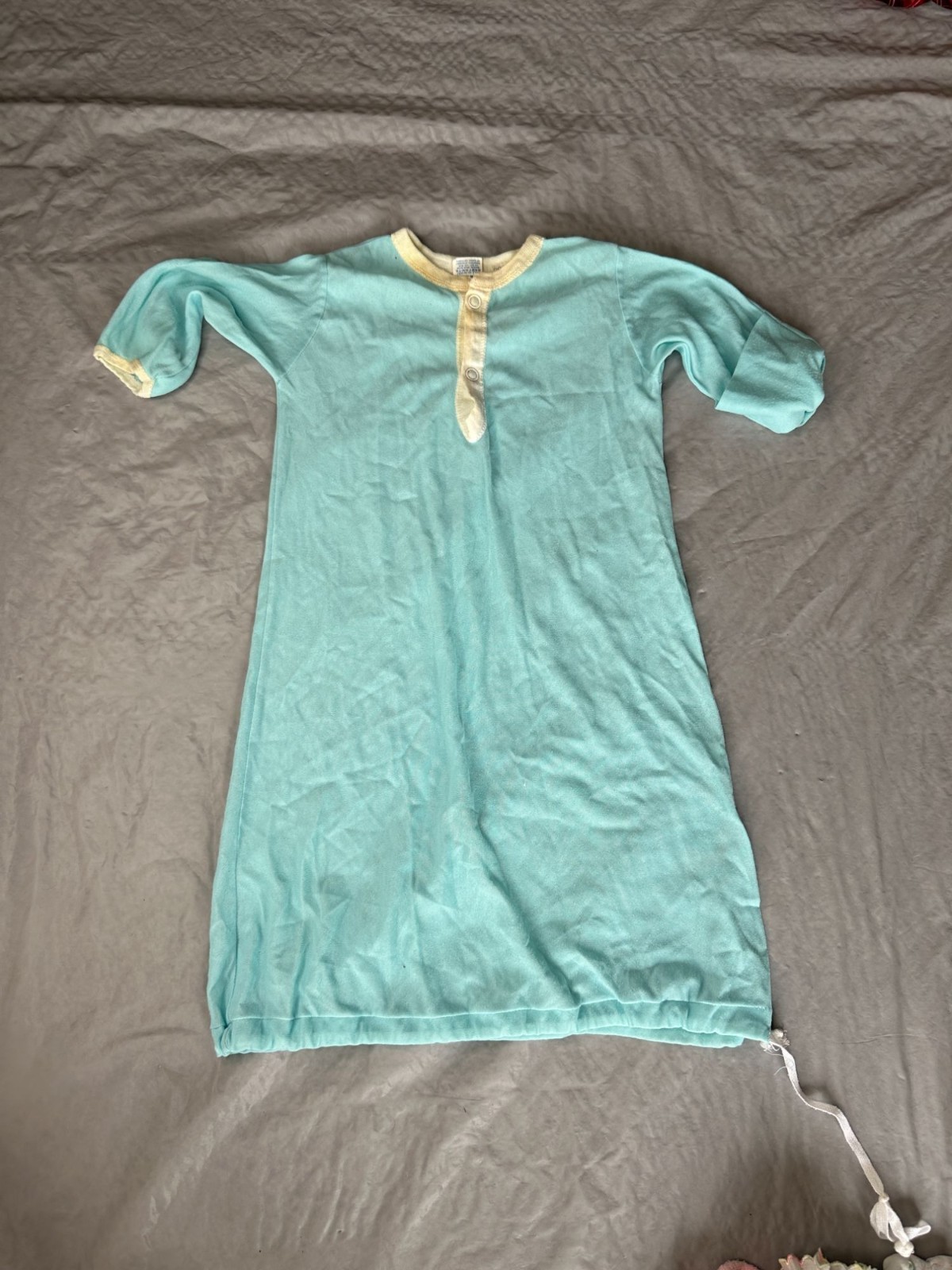 Vintage Baby Nightgown Blue Drawstring Hand Covers