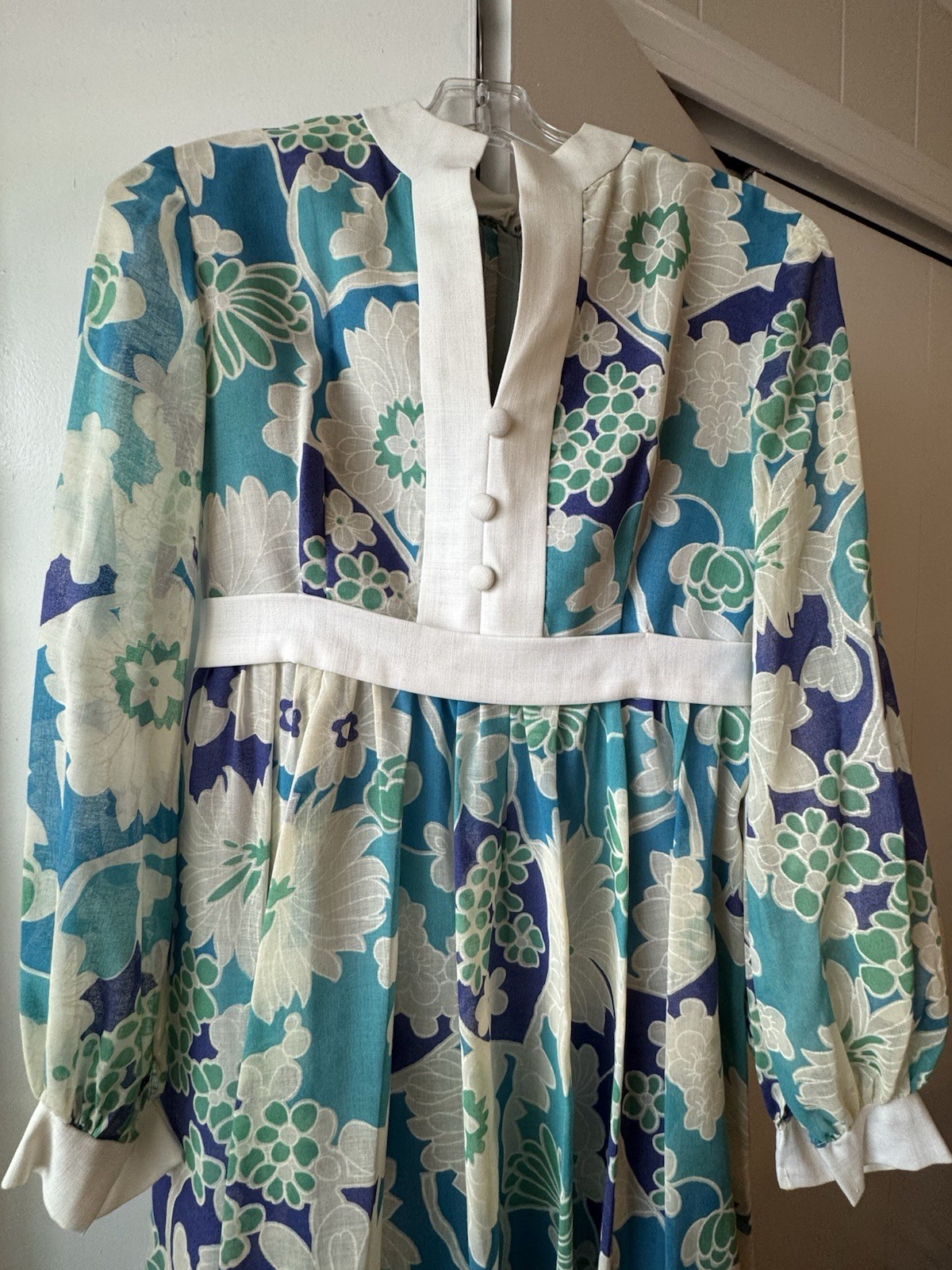 Vintage 70s ILGWU Floral Empire Waist Maxi Dress Boho Chiffon Blue Green