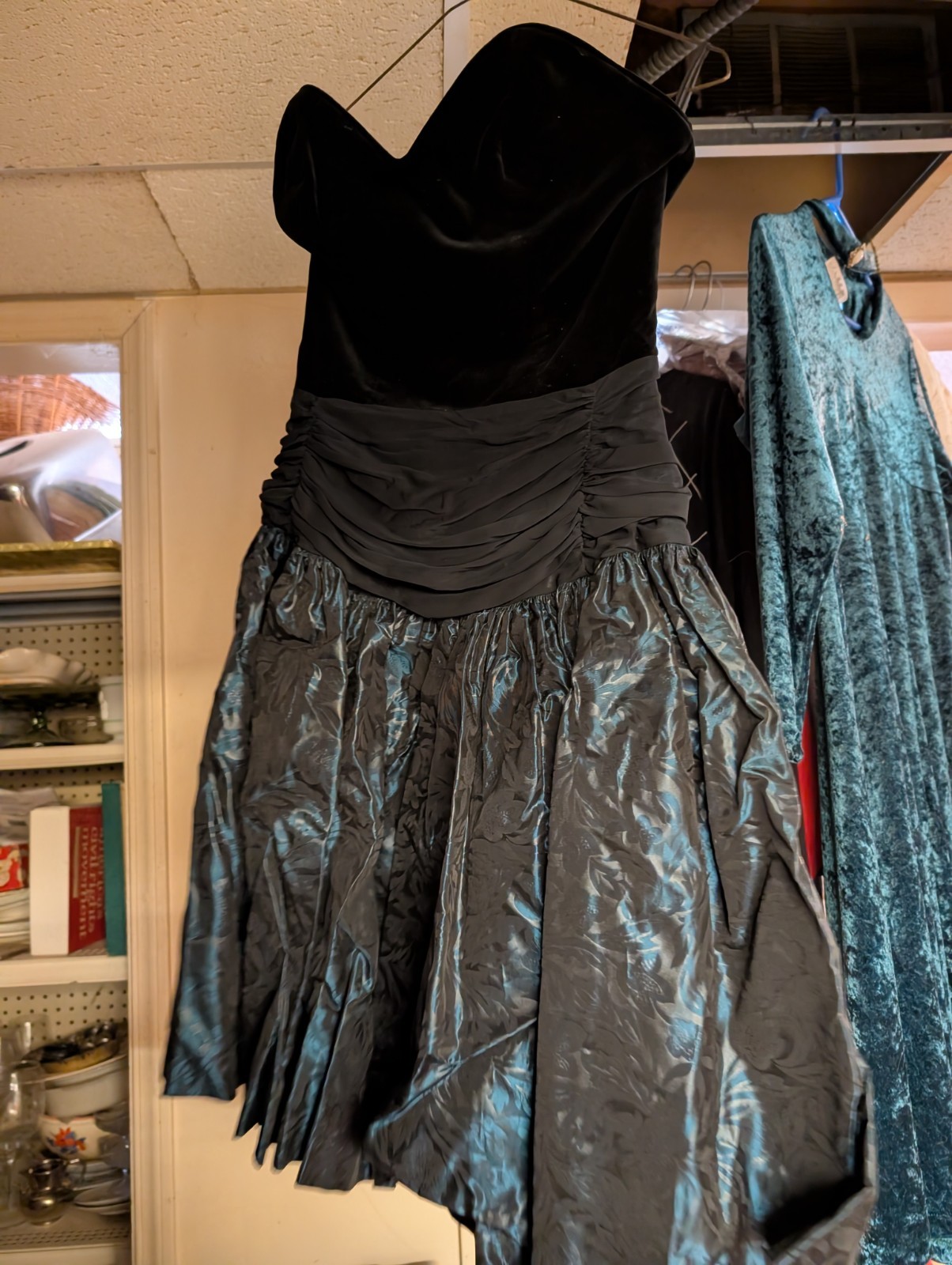 Vintage „Laura Ashley” Prom Dress, Velvet Strapless, Dark Teal Pattenes Taffeta