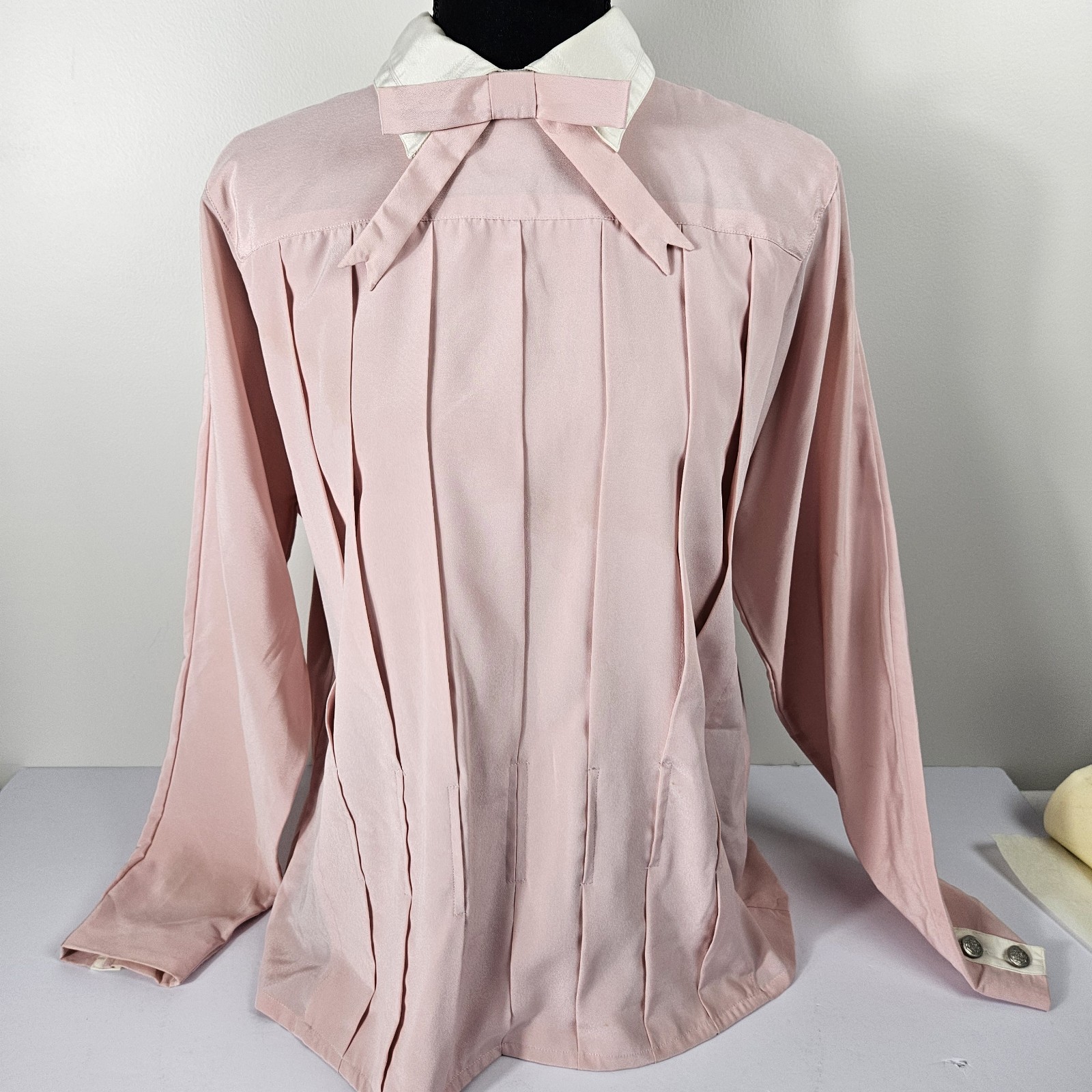 Vtg 80s Pleated Front BUTTON Down Back Bow Tie Pink Chaus Long Sleeve Blouse 14