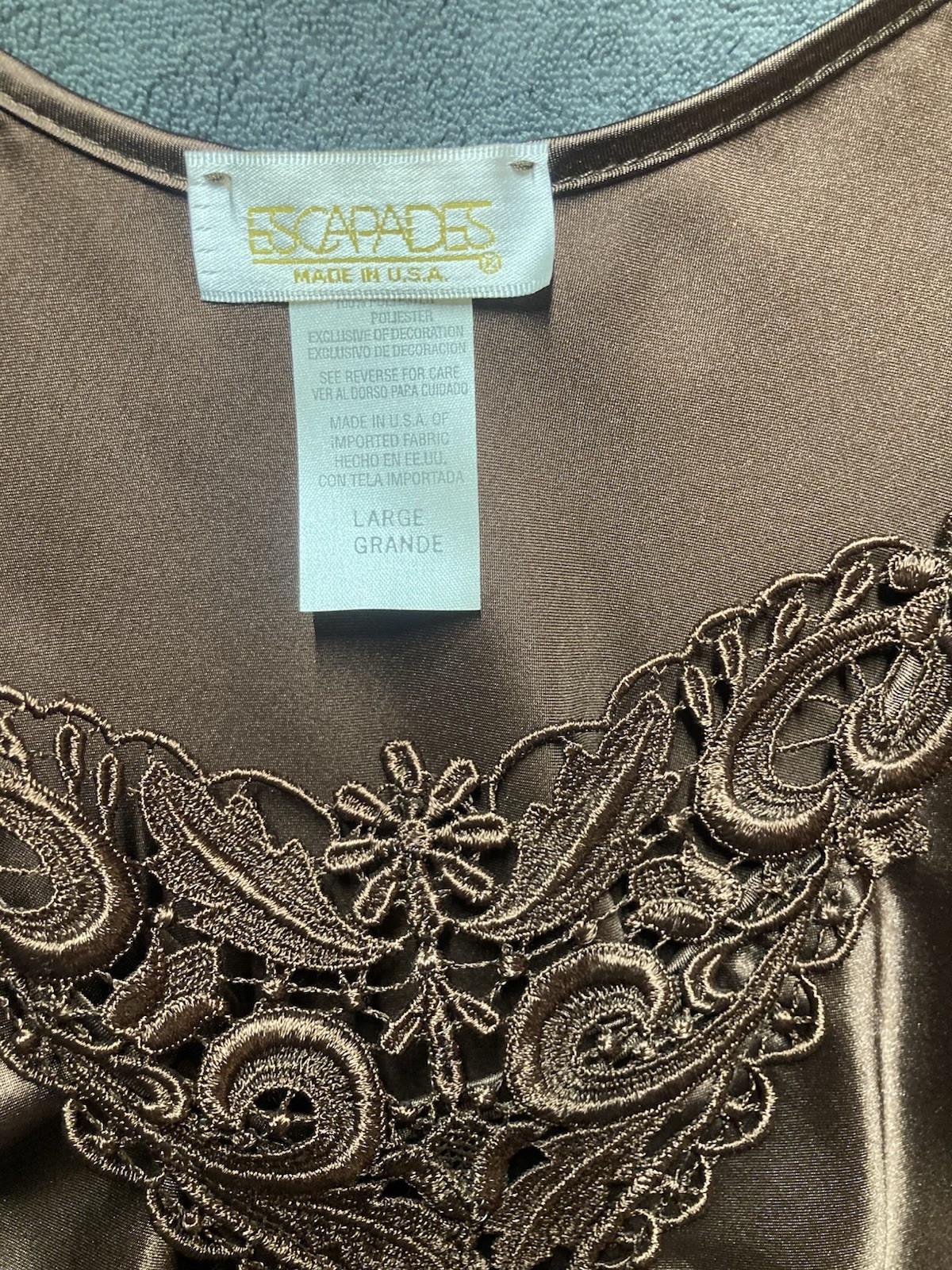 VTG ESCAPADES Coffee Brown Satin Cami Tank Top Applique Lace Forest Fairy USA L