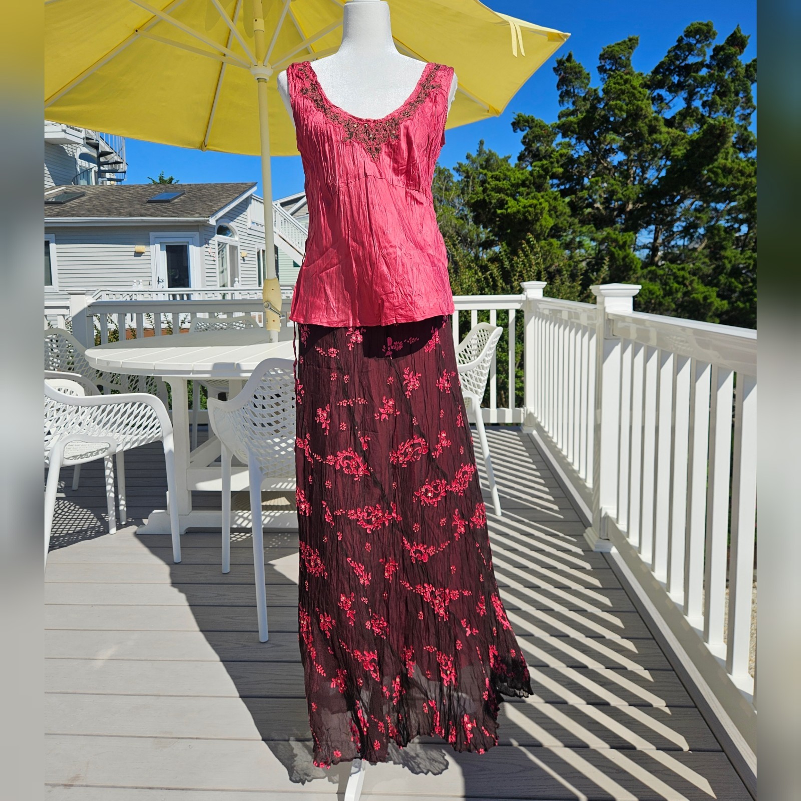 VTG Y2K Monsoon 100% Silk Embellished Rhinestone Bias Cut Cami Top And Skirt Set