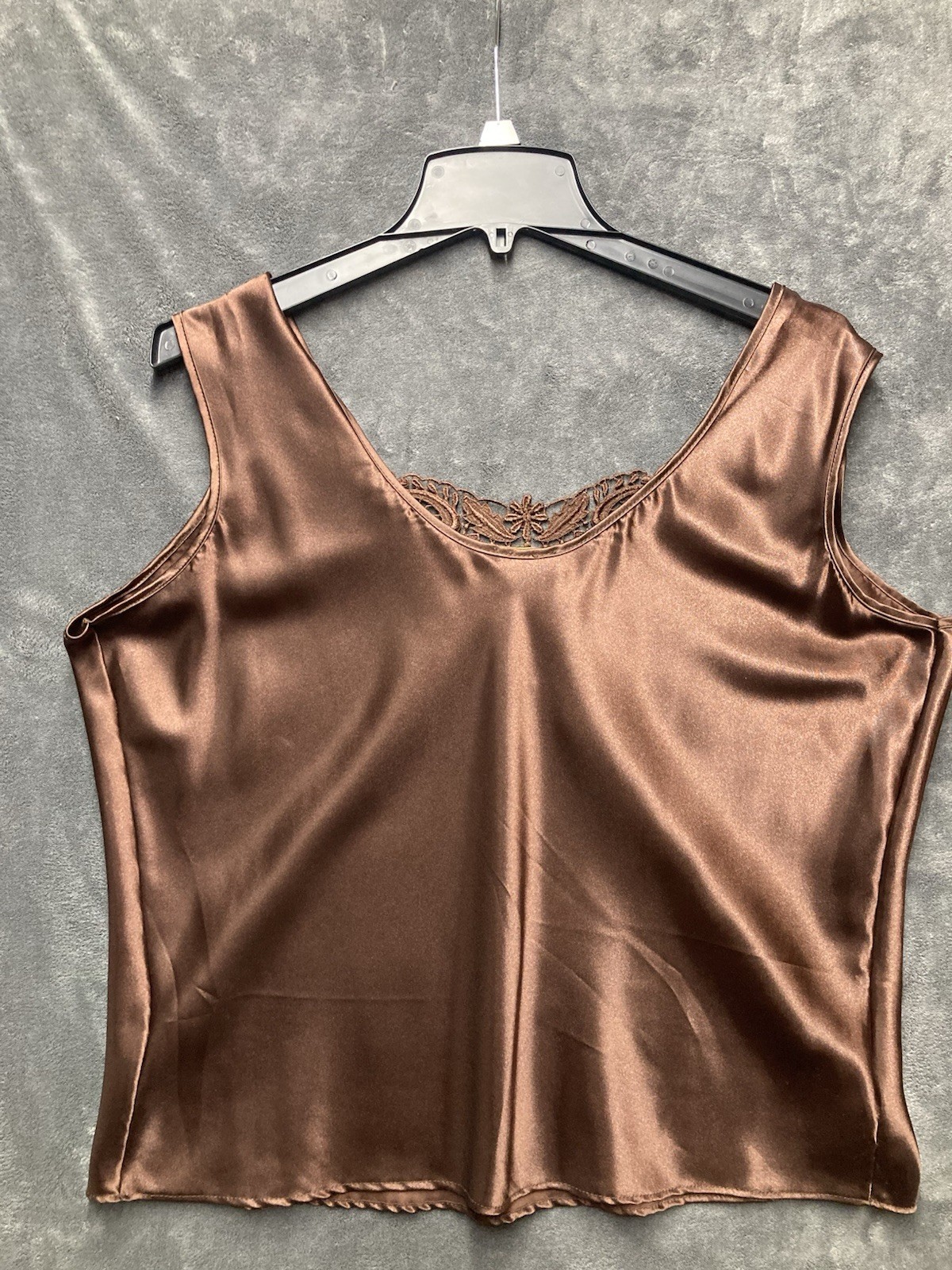 VTG ESCAPADES Coffee Brown Satin Cami Tank Top Applique Lace Forest Fairy USA L
