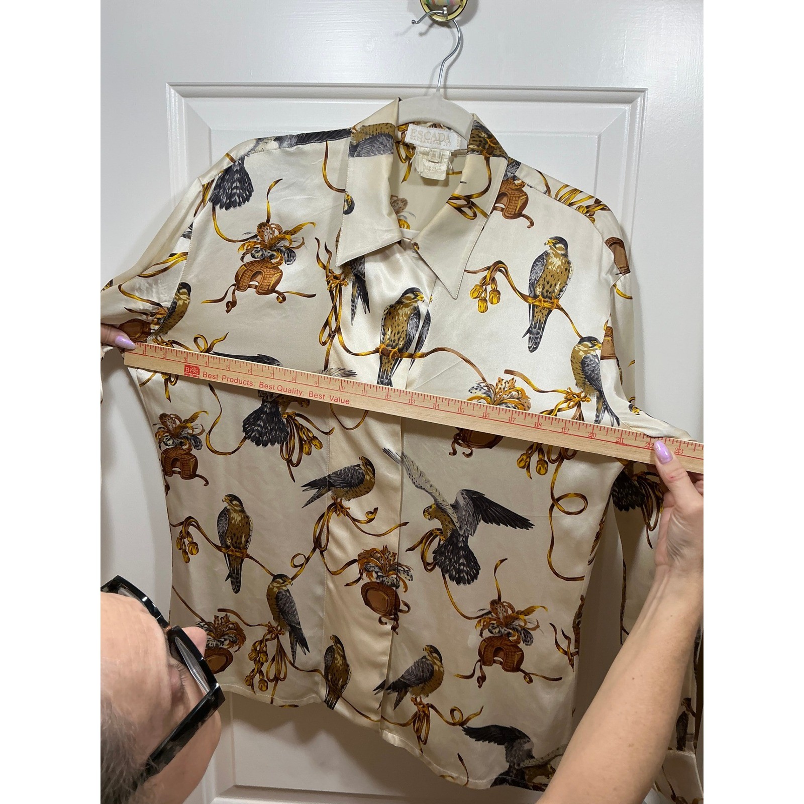 Escada Margaretha Ley Vintage Silk Falcon Print Blouse Cream Gold Bird Shirt 38